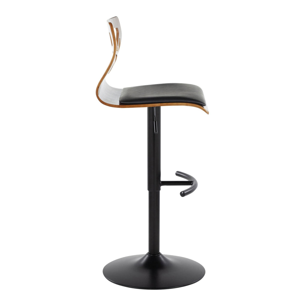 Folia Adjustable Barstool - Set Of 2 - Black Metal, Walnut Wood, Black PU