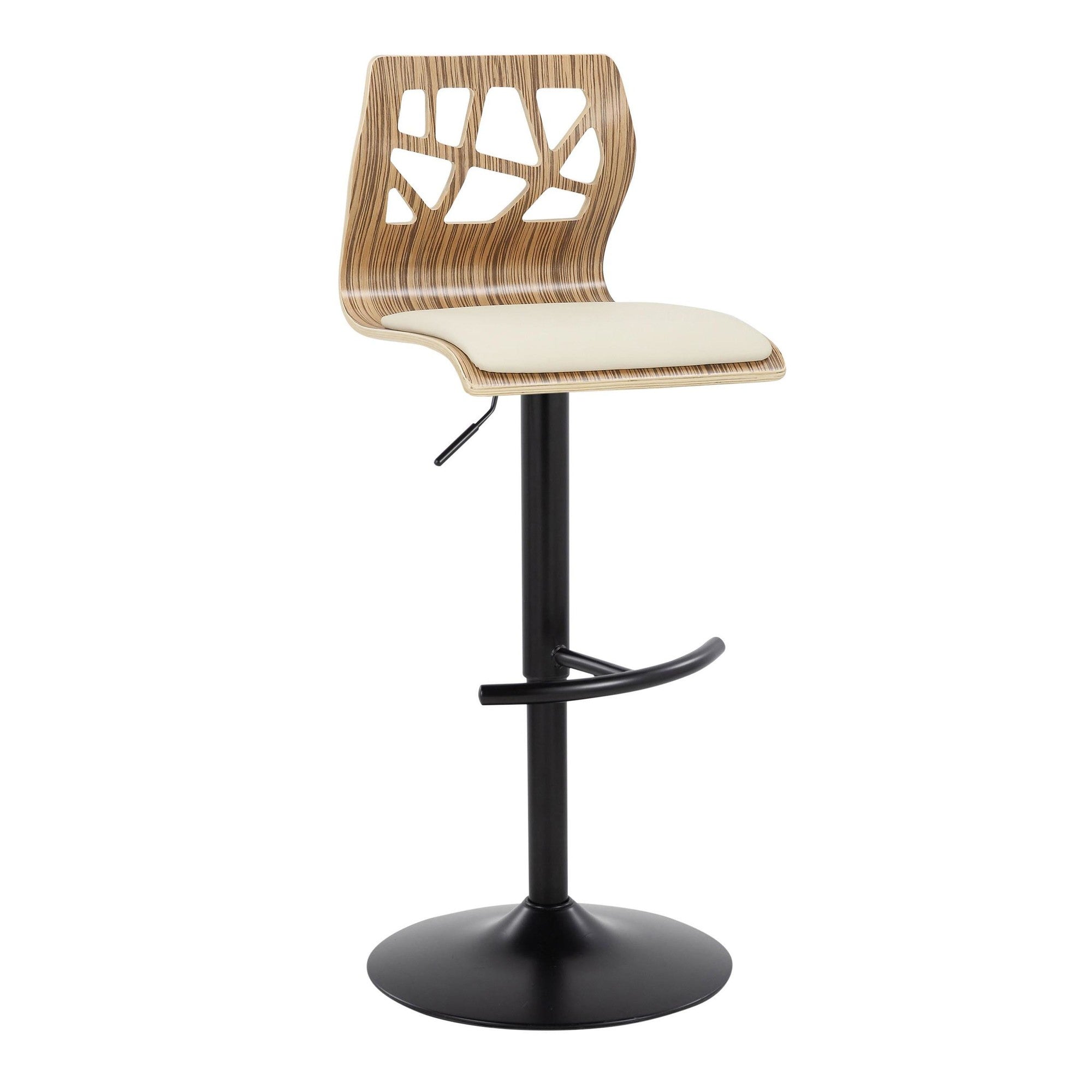 Folia Adjustable Barstool - Set of 2 - Black Metal, Zebra Wood, Cream PU