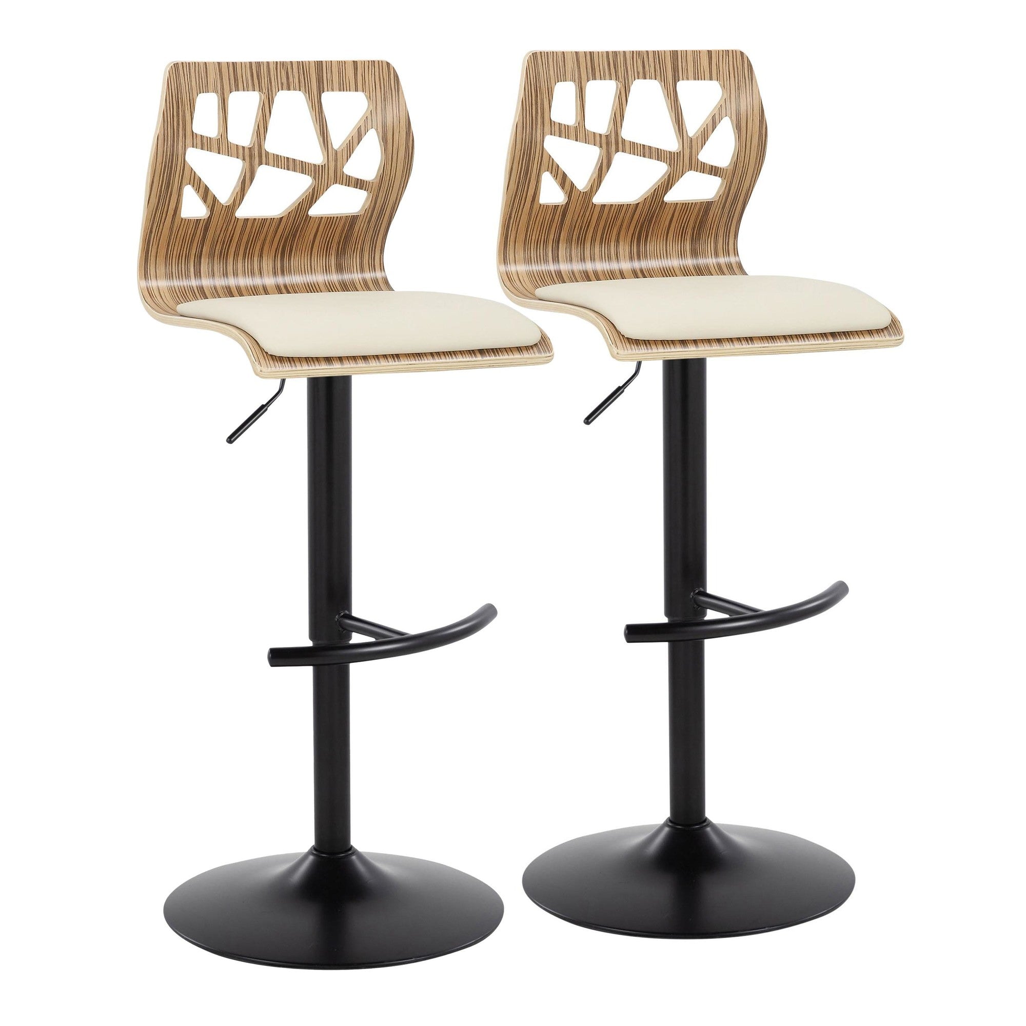 Folia Adjustable Barstool - Set of 2 - Black Metal, Zebra Wood, Cream PU