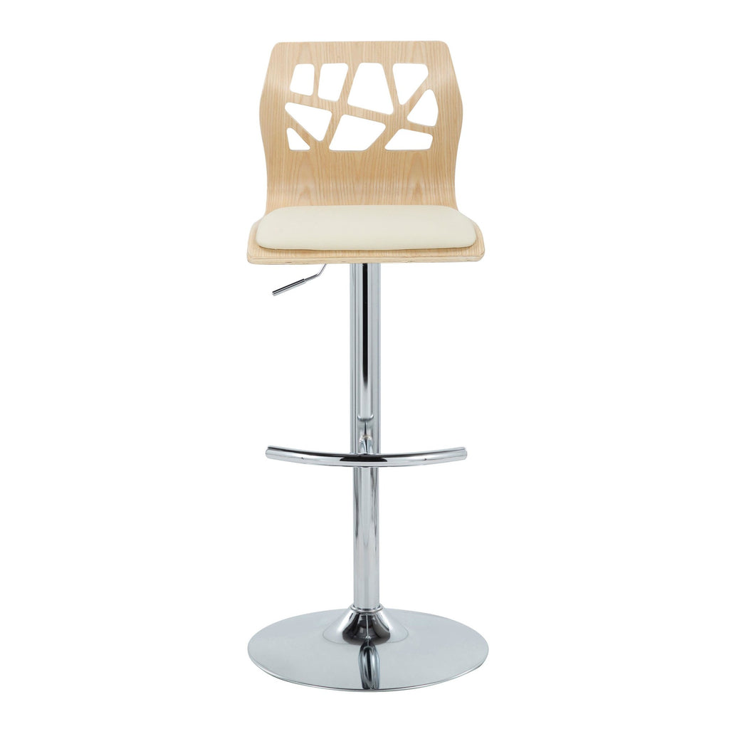 Folia Adjustable Barstool - Set of 2 - Chrome Metal, Natural Wood, Cream PU