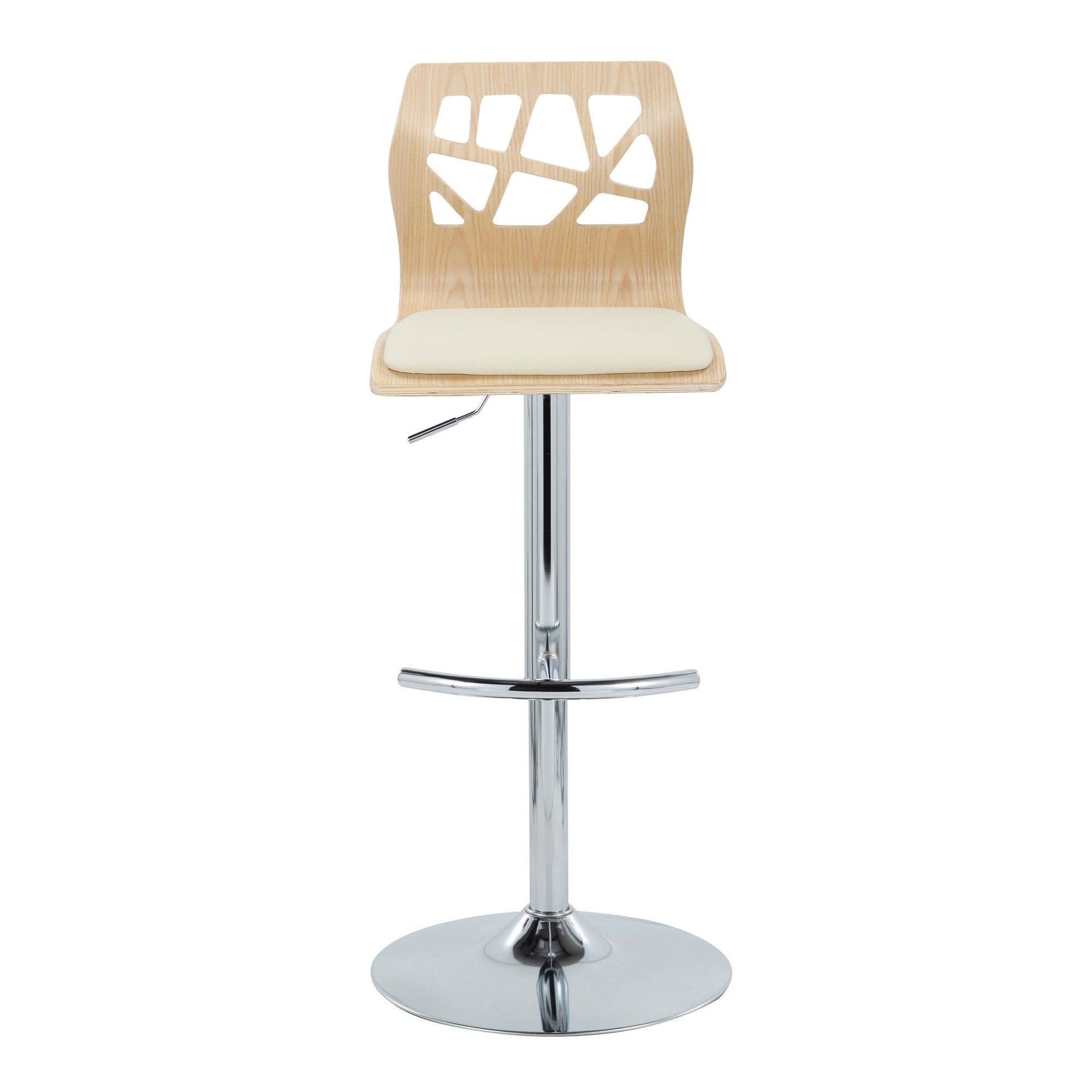 Folia Adjustable Barstool - Set of 2 - Chrome Metal, Natural Wood, Cream PU
