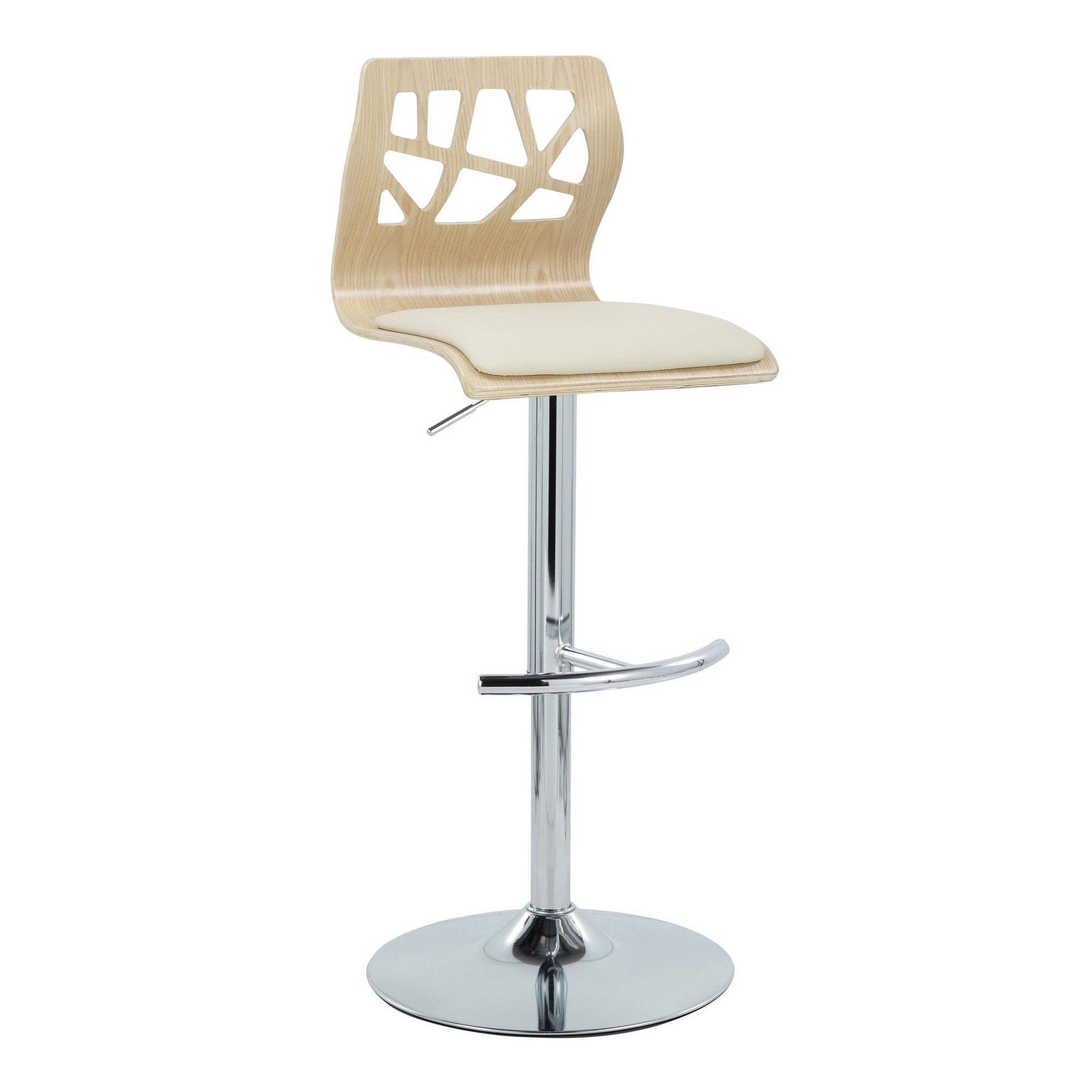Folia Adjustable Barstool - Set of 2 - Chrome Metal, Natural Wood, Cream PU
