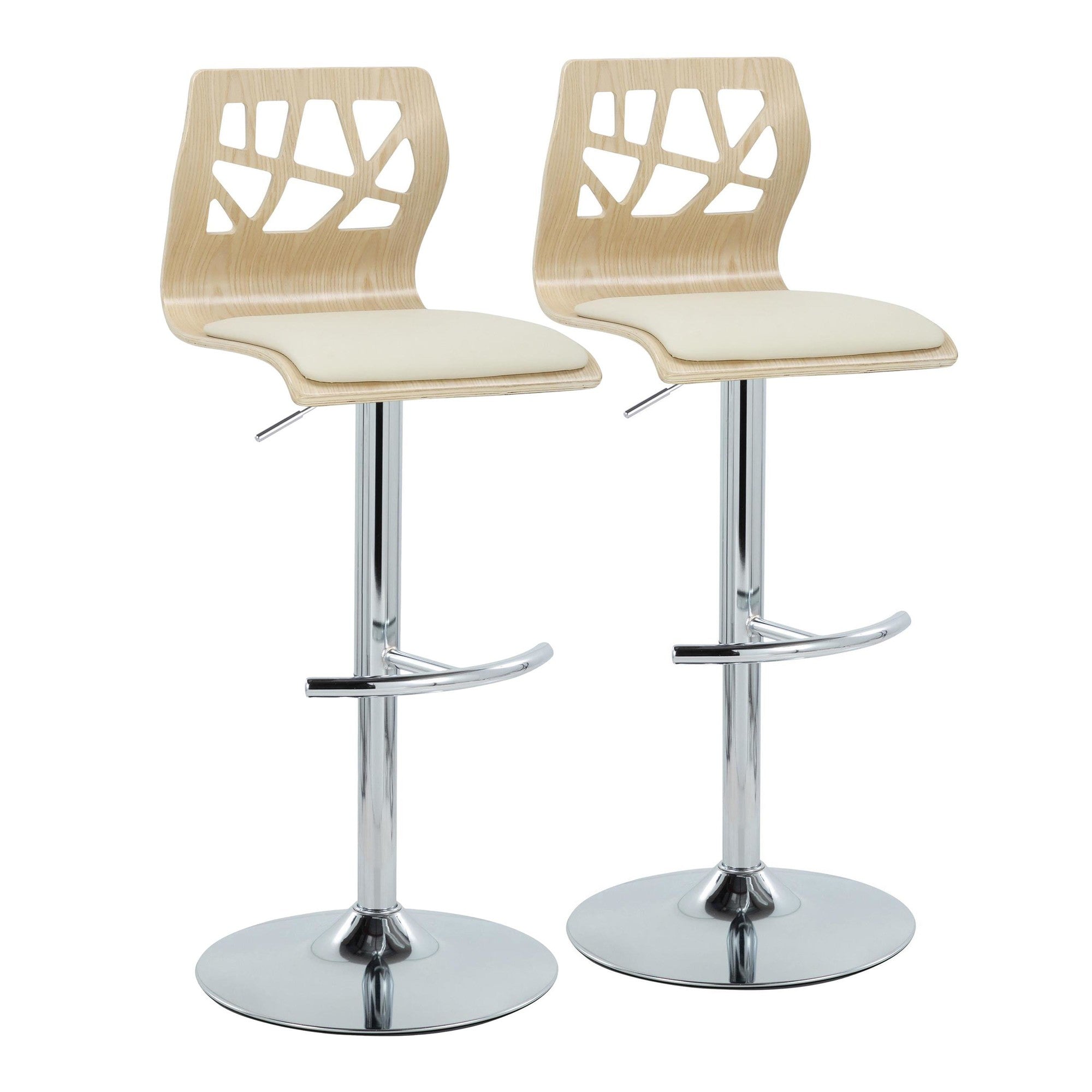 Folia Adjustable Barstool - Set of 2 - Chrome Metal, Natural Wood, Cream PU