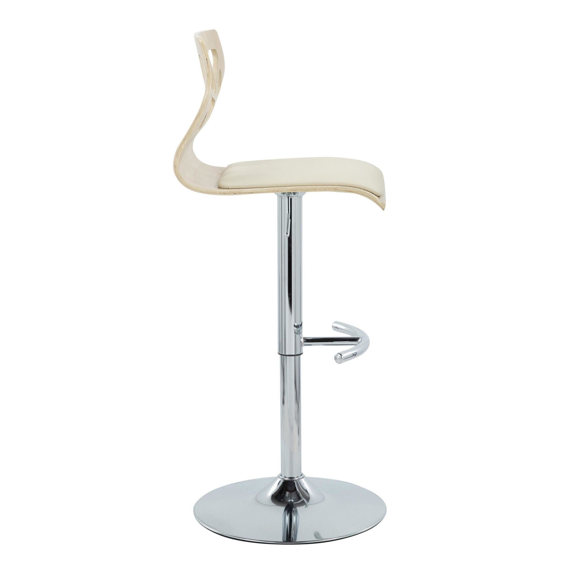 Folia Adjustable Barstool - Set of 2 - Chrome Metal, Natural Wood, Cream PU