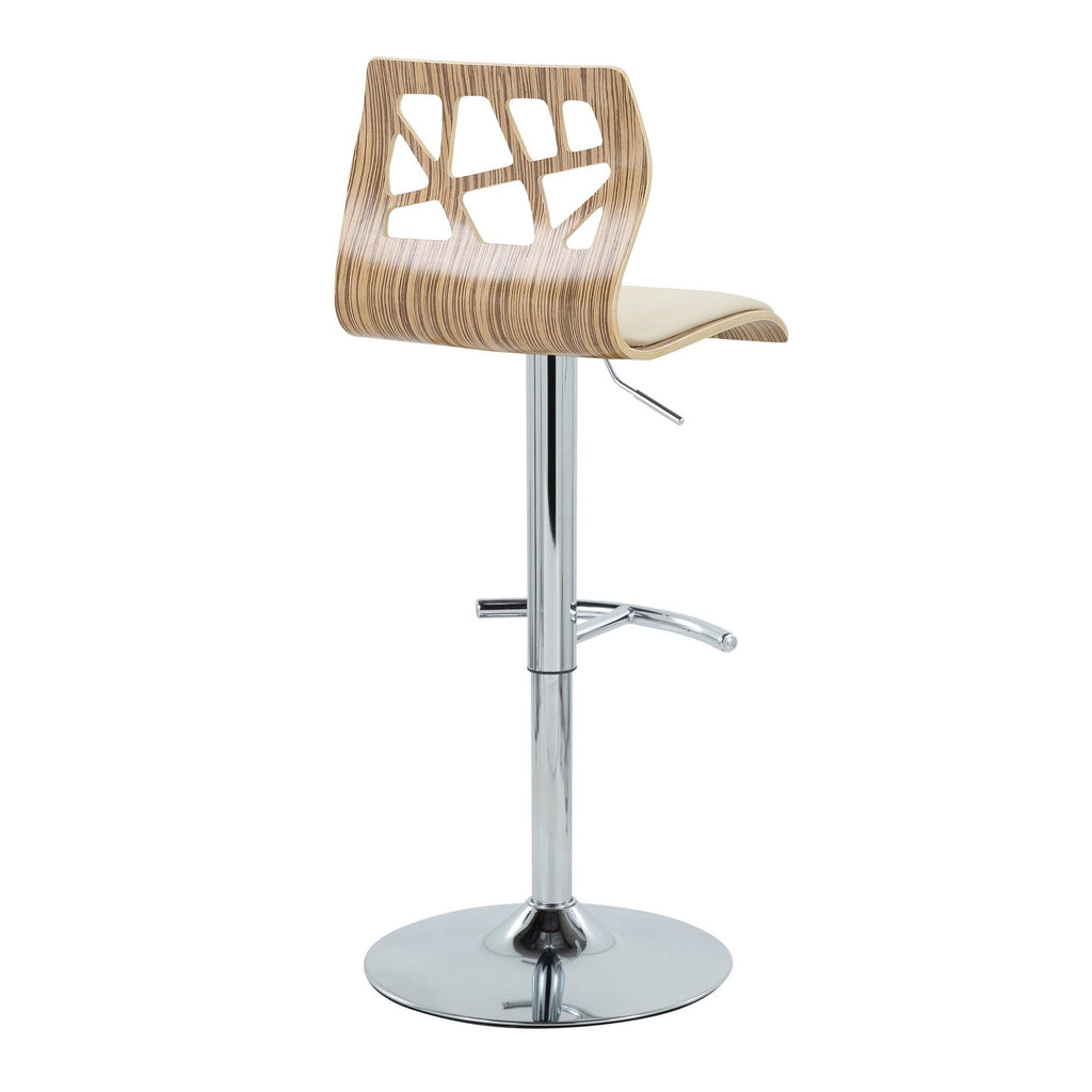 Folia Adjustable Barstool - Set of 2 - Chrome Metal, Zebra Wood, Cream PU