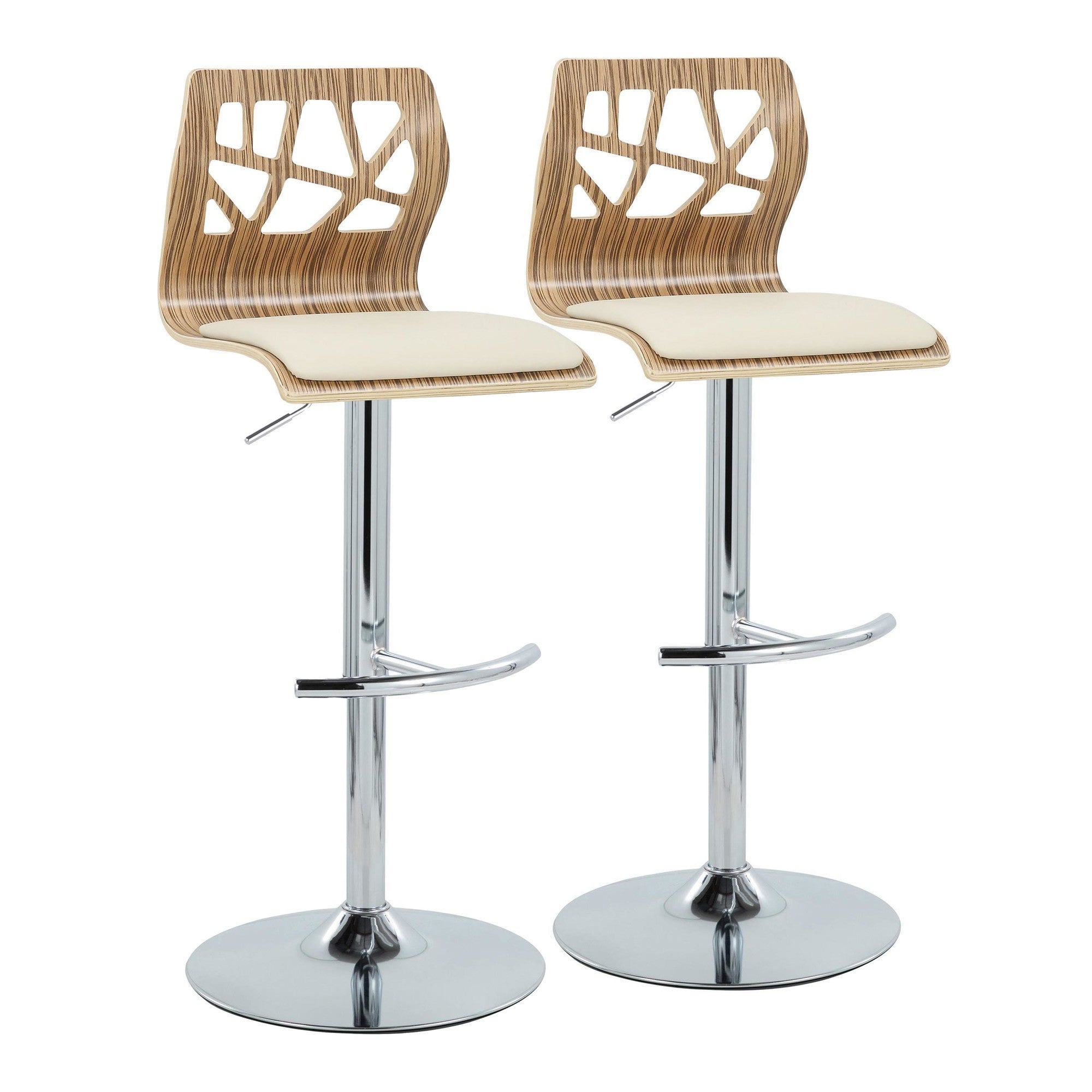 Folia Adjustable Barstool - Set of 2 - Chrome Metal, Zebra Wood, Cream PU