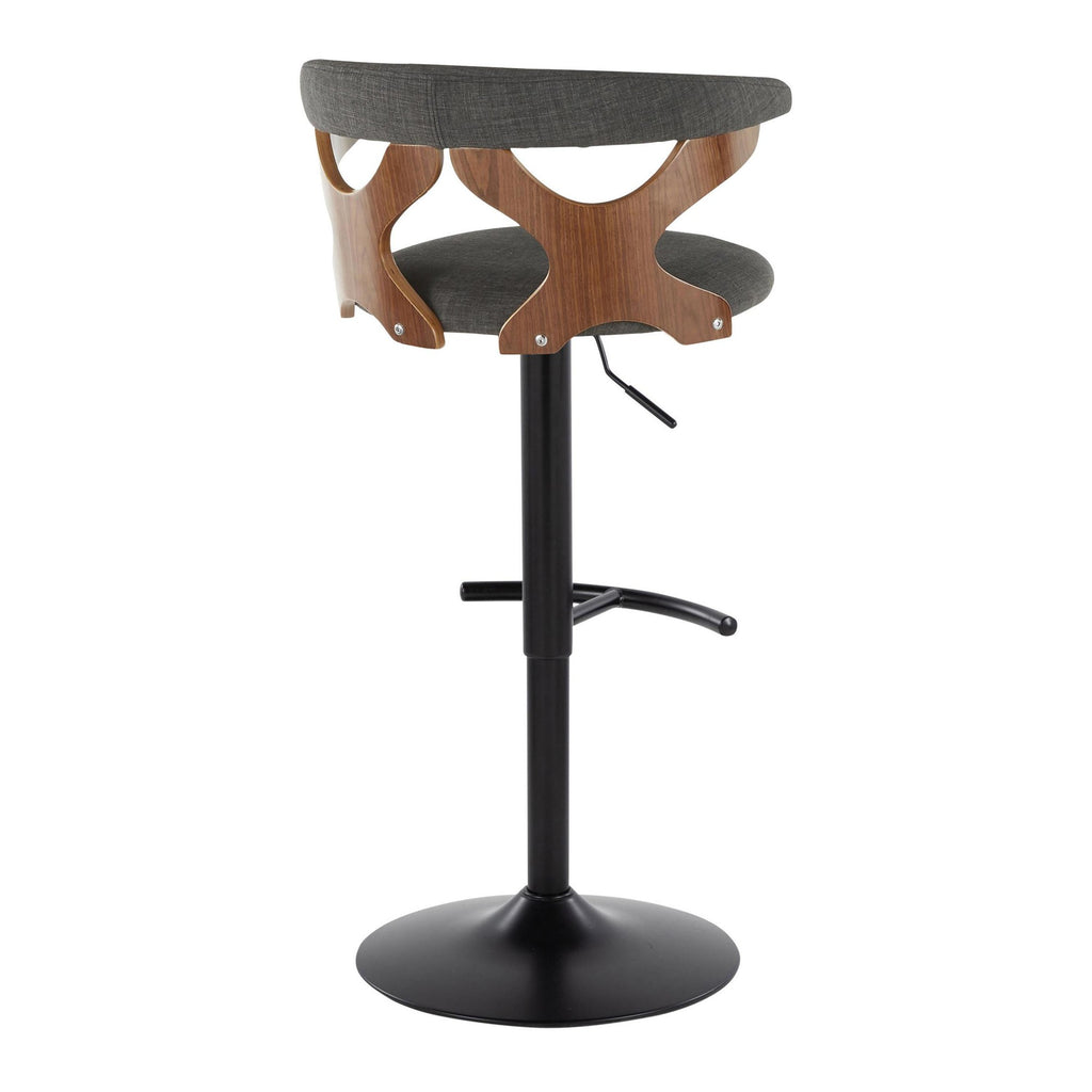 Gardenia Adjustable Barstool - Set of 2 - Black Metal, Walnut Wood, Charcoal Fabric
