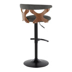 Gardenia Adjustable Barstool - Set of 2 - Black Metal, Walnut Wood, Charcoal Fabric