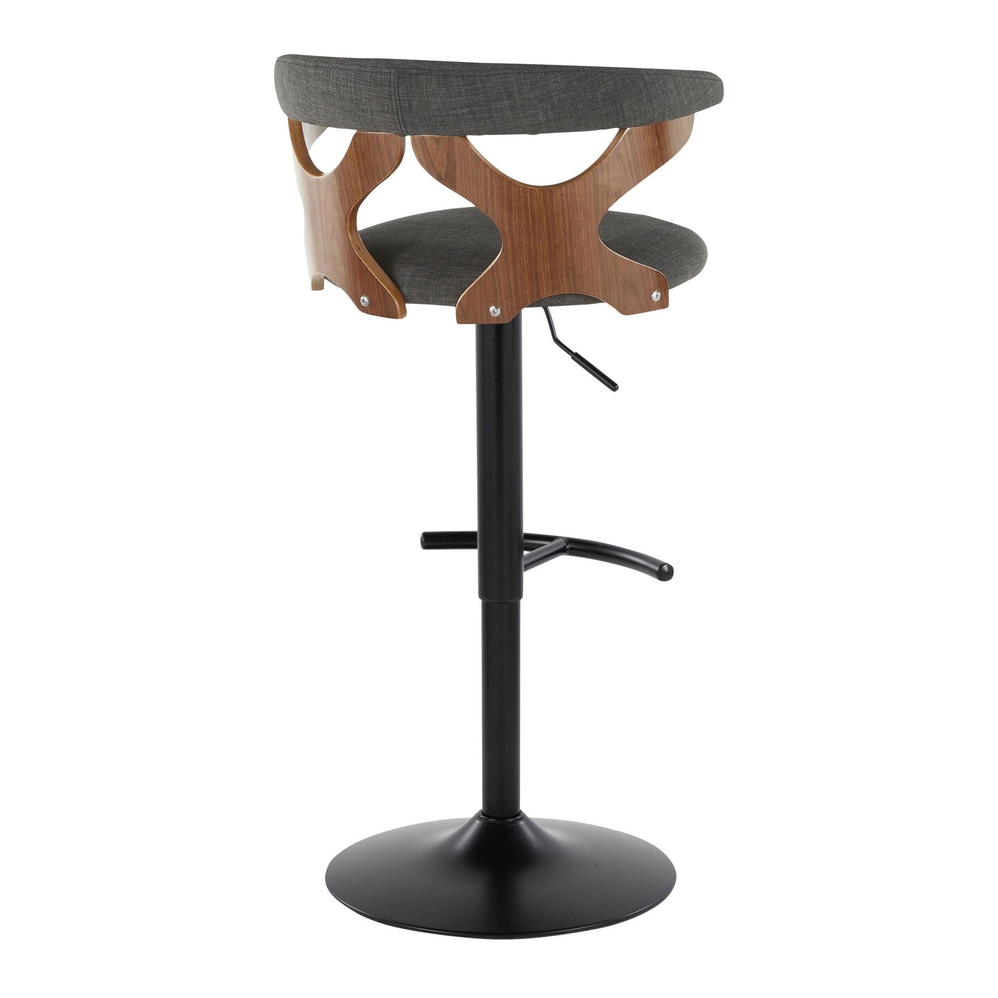 Gardenia Adjustable Barstool - Set of 2 - Black Metal, Walnut Wood, Charcoal Fabric