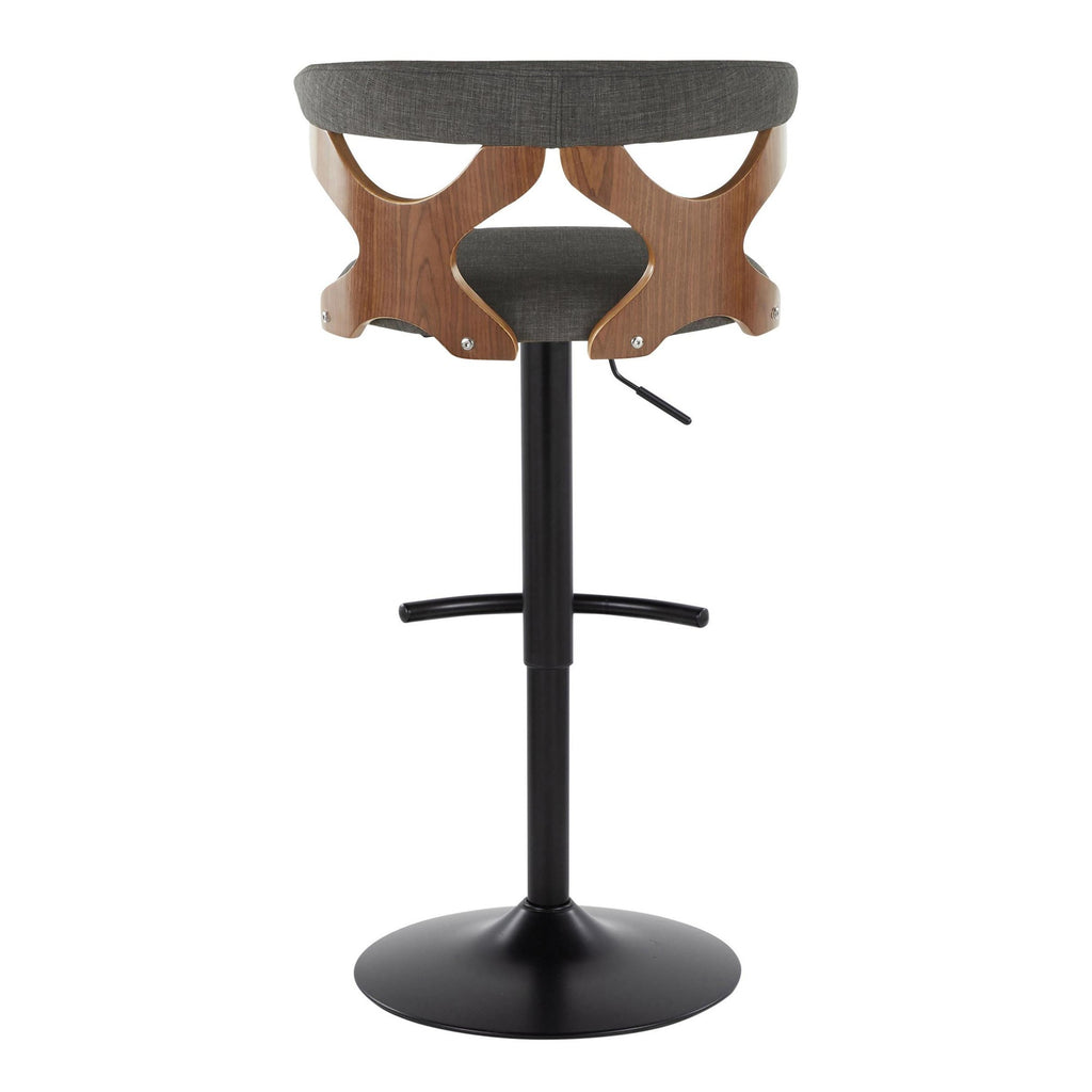 Gardenia Adjustable Barstool - Set of 2 - Black Metal, Walnut Wood, Charcoal Fabric