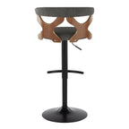 Gardenia Adjustable Barstool - Set of 2 - Black Metal, Walnut Wood, Charcoal Fabric