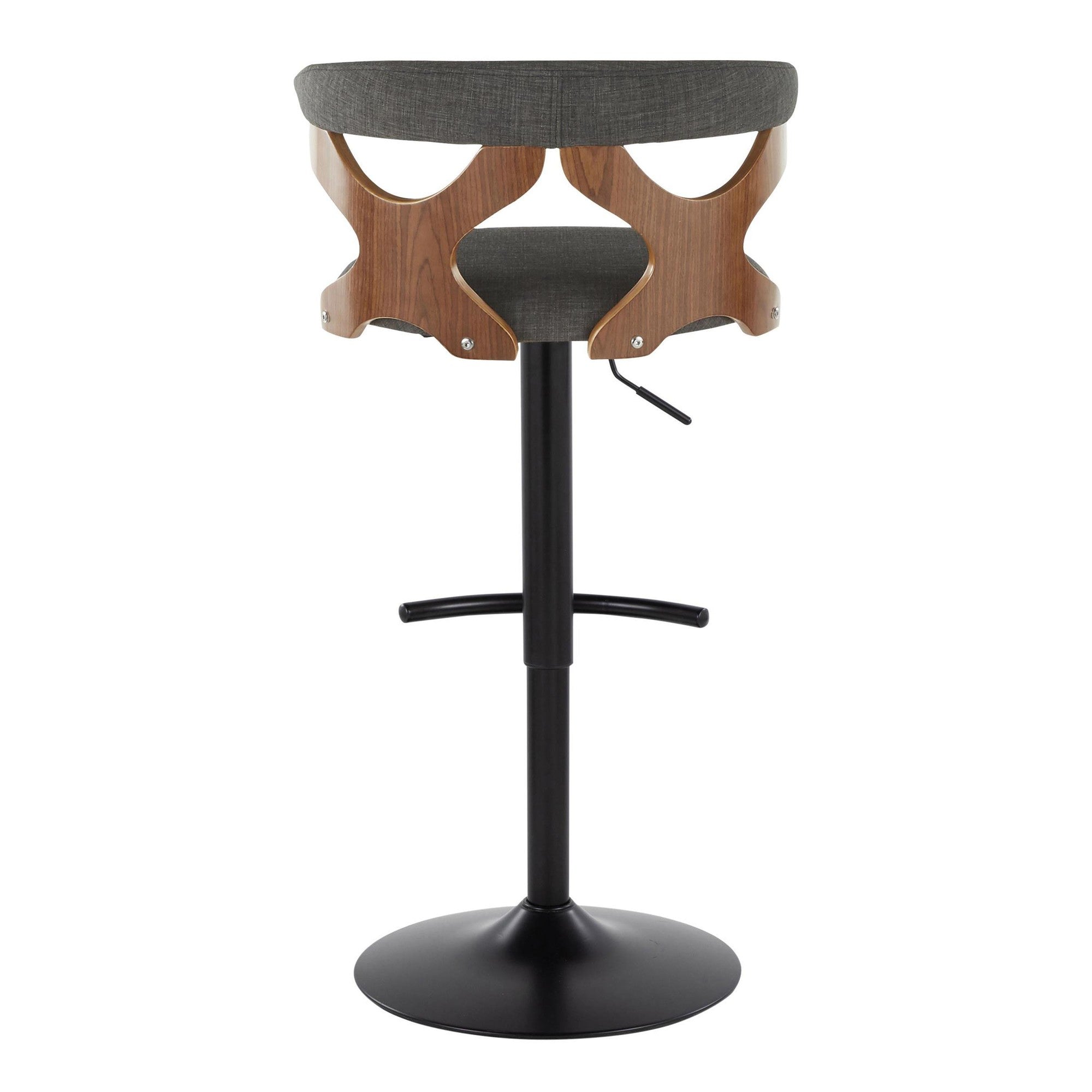 Gardenia Adjustable Barstool - Set of 2 - Black Metal, Walnut Wood, Charcoal Fabric