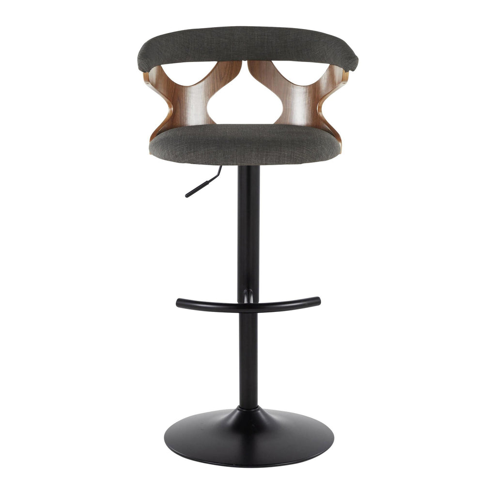 Gardenia Adjustable Barstool - Set of 2 - Black Metal, Walnut Wood, Charcoal Fabric