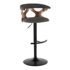 Gardenia Adjustable Barstool - Set of 2 - Black Metal, Walnut Wood, Charcoal Fabric