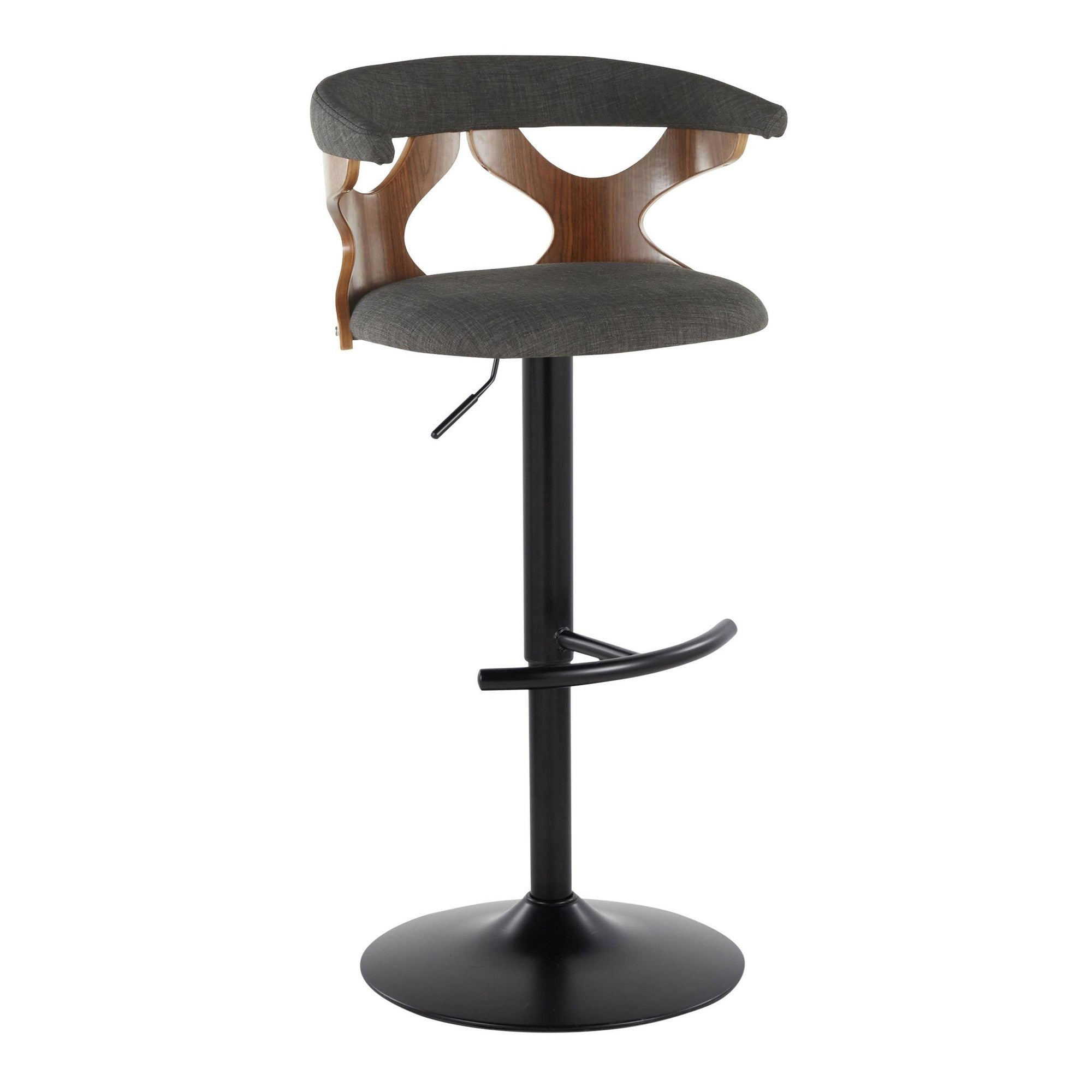 Gardenia Adjustable Barstool - Set of 2 - Black Metal, Walnut Wood, Charcoal Fabric