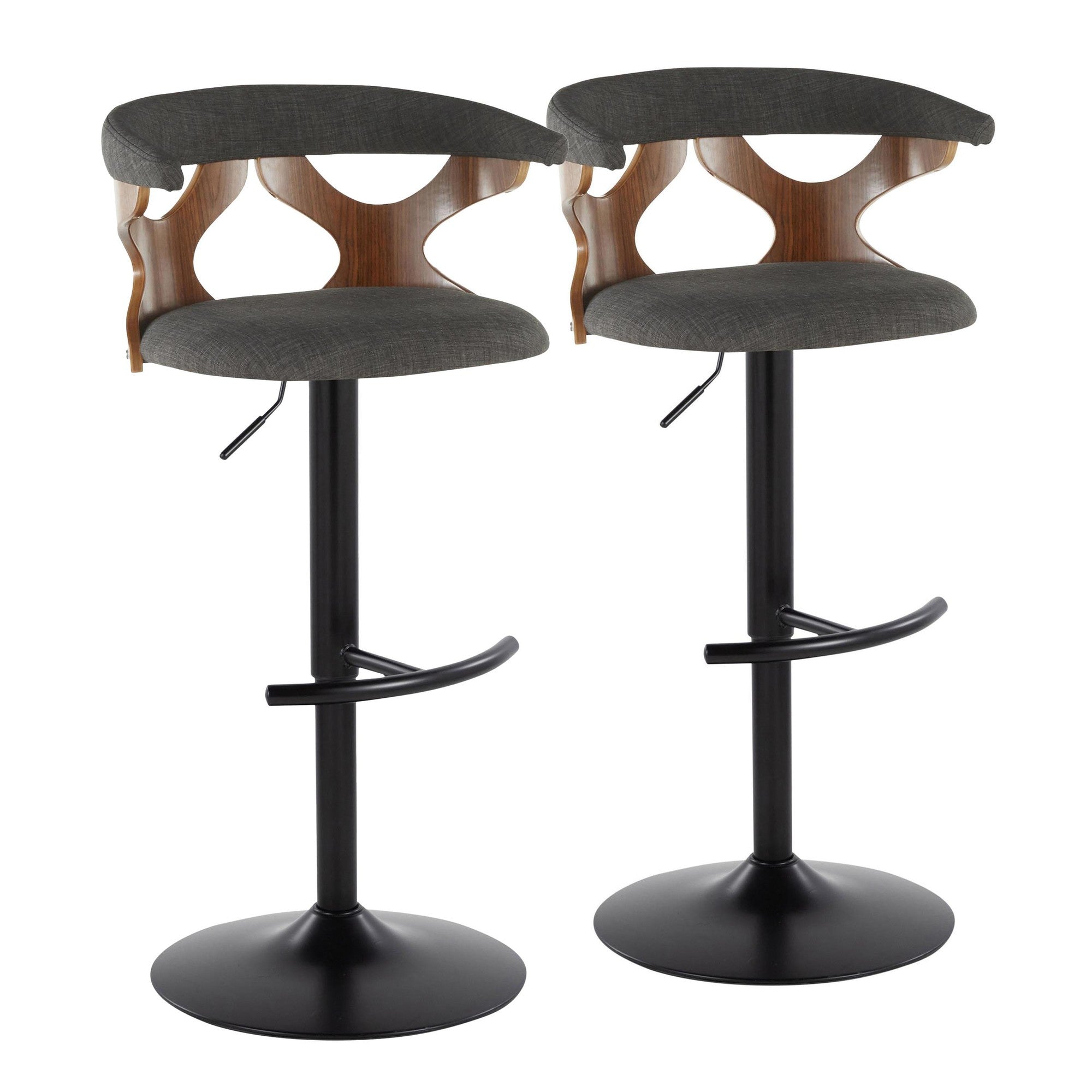 Gardenia Adjustable Barstool - Set of 2 - Black Metal, Walnut Wood, Charcoal Fabric