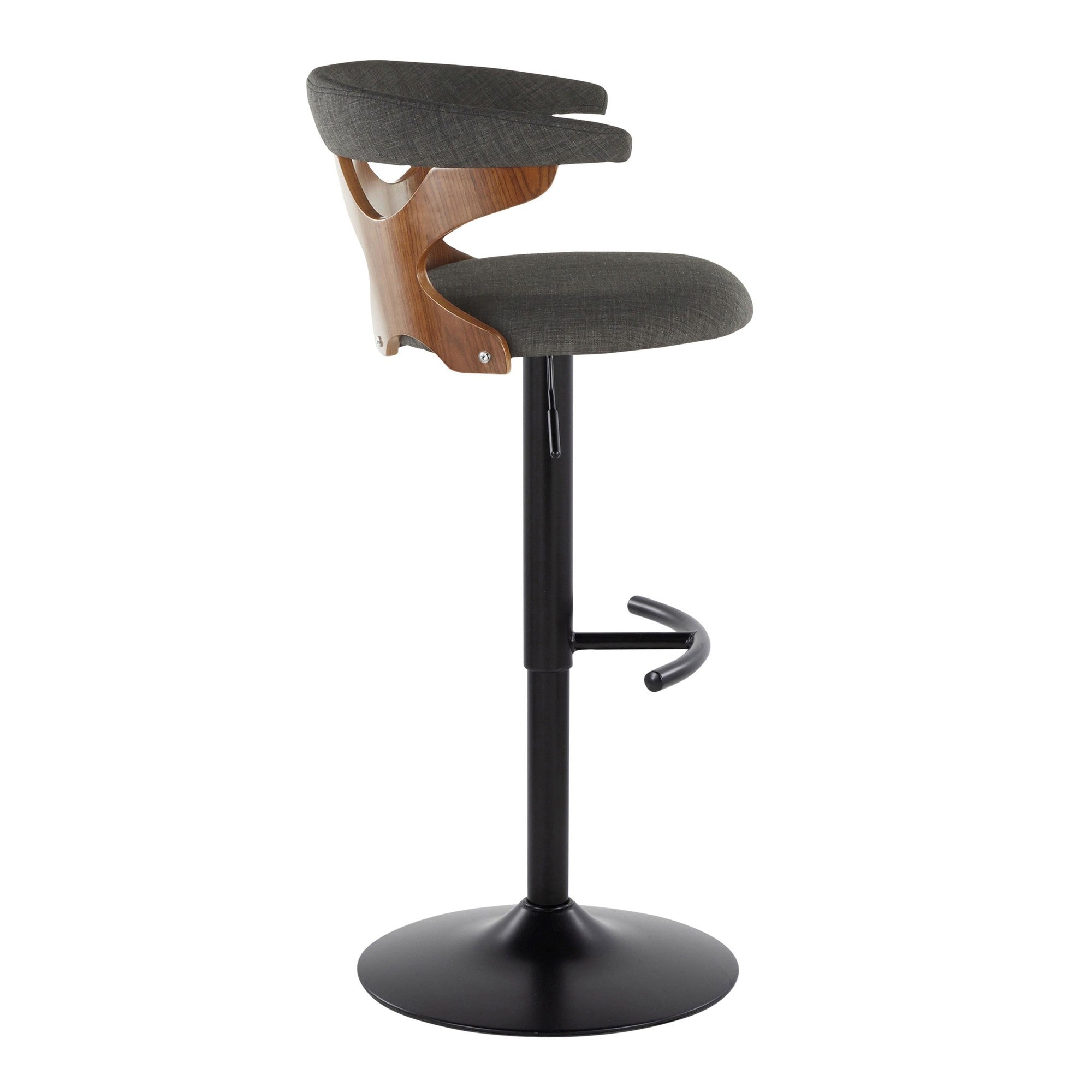 Gardenia Adjustable Barstool - Set of 2 - Black Metal, Walnut Wood, Charcoal Fabric
