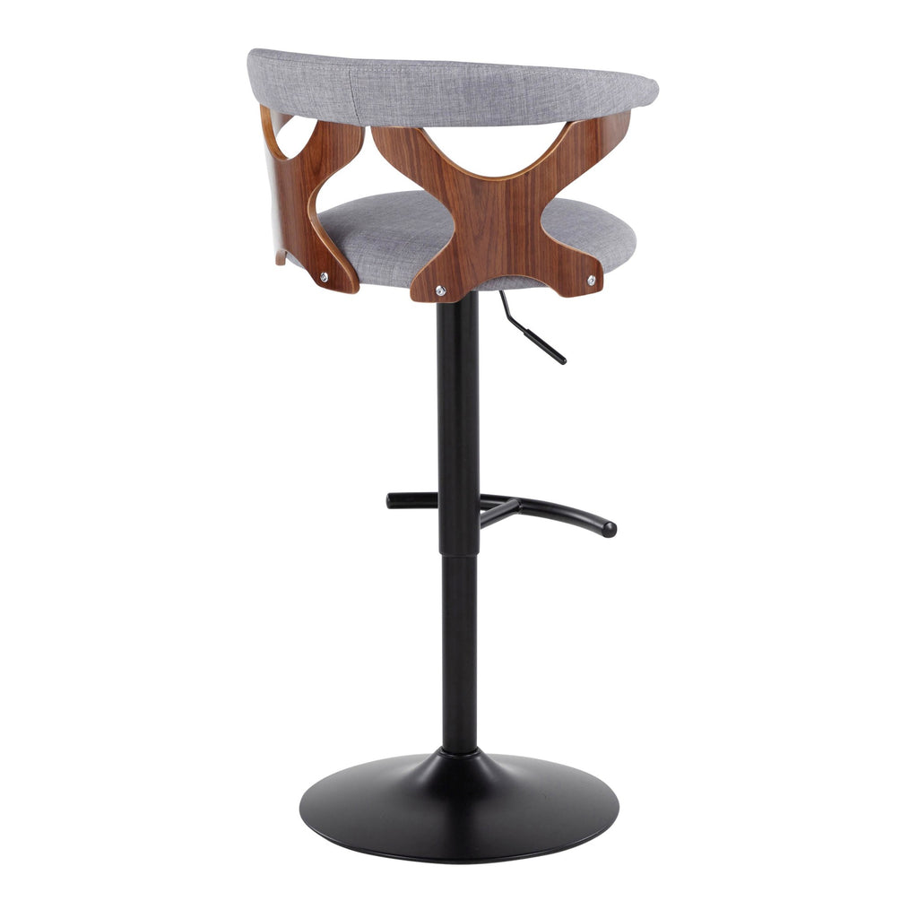 Gardenia Adjustable Barstool - Set of 2 - Black Metal, Walnut Wood, Light Grey Fabric