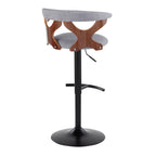 Gardenia Adjustable Barstool - Set of 2 - Black Metal, Walnut Wood, Light Grey Fabric