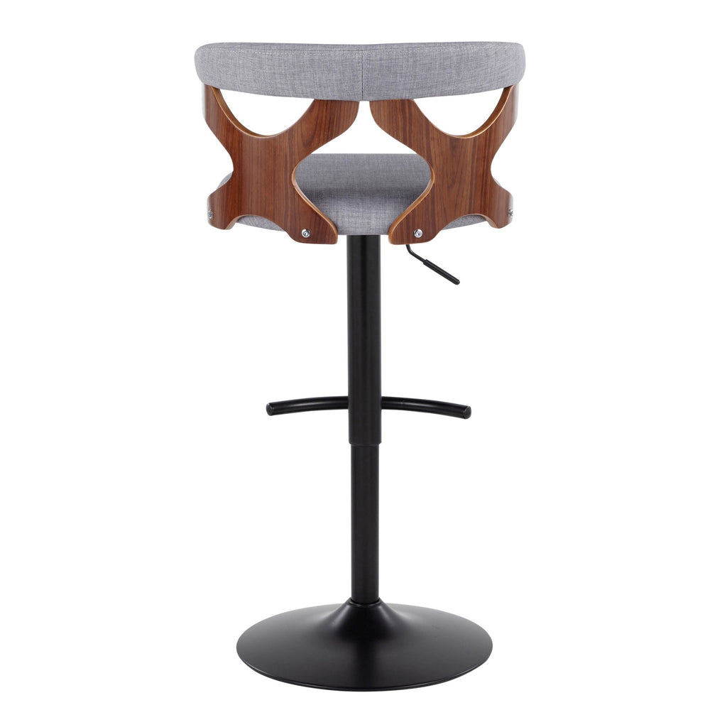 Gardenia Adjustable Barstool - Set of 2 - Black Metal, Walnut Wood, Light Grey Fabric