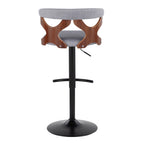 Gardenia Adjustable Barstool - Set of 2 - Black Metal, Walnut Wood, Light Grey Fabric