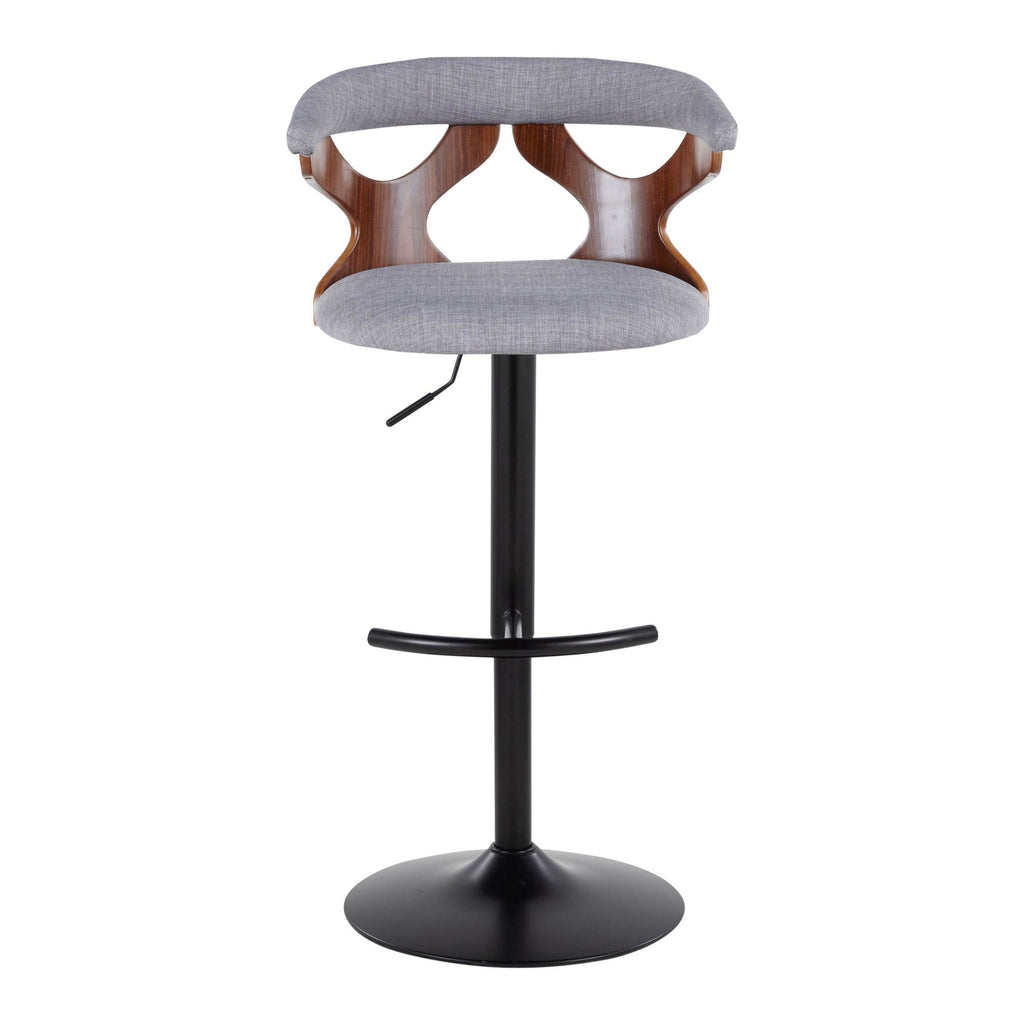 Gardenia Adjustable Barstool - Set of 2 - Black Metal, Walnut Wood, Light Grey Fabric
