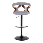 Gardenia Adjustable Barstool - Set of 2 - Black Metal, Walnut Wood, Light Grey Fabric