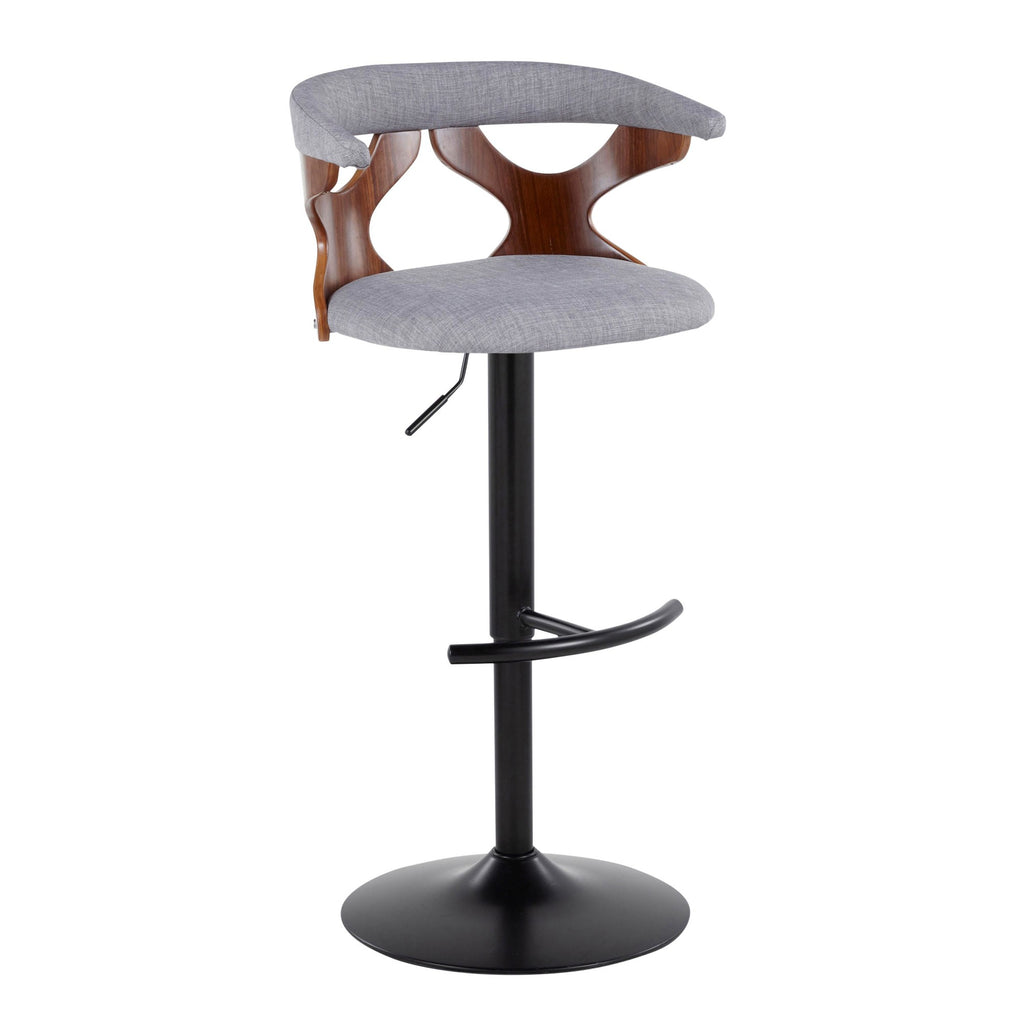 Gardenia Adjustable Barstool - Set of 2 - Black Metal, Walnut Wood, Light Grey Fabric