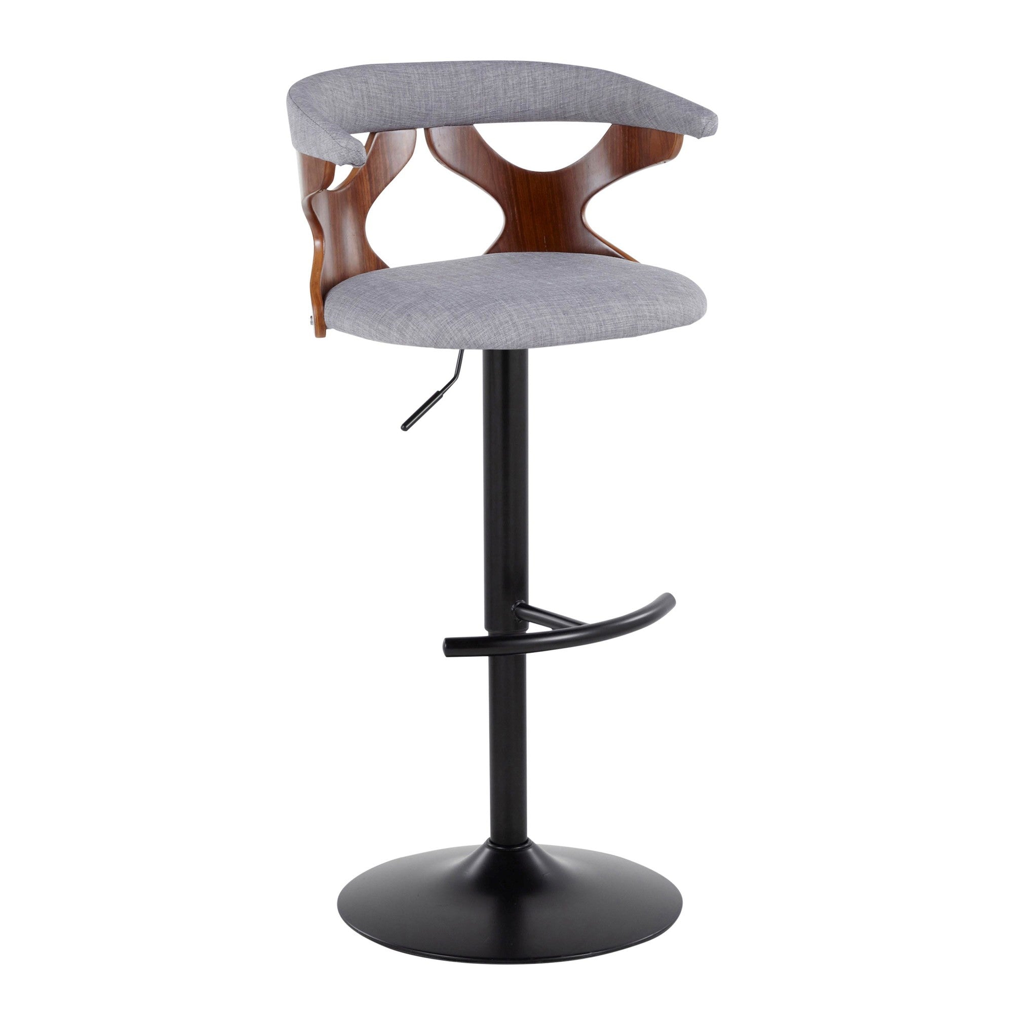 Gardenia Adjustable Barstool - Set of 2 - Black Metal, Walnut Wood, Light Grey Fabric