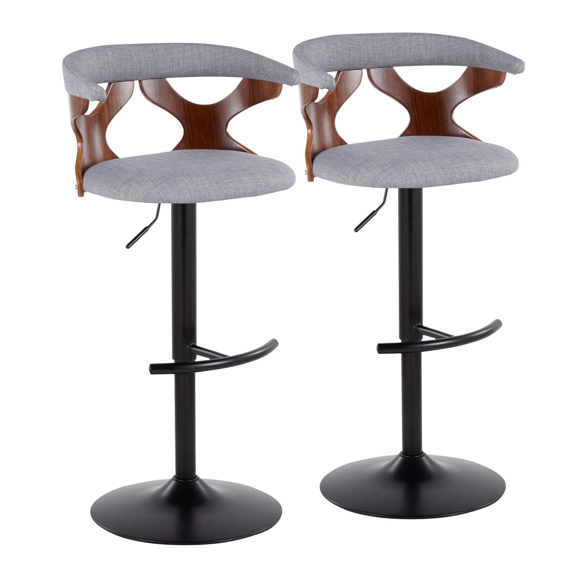 Gardenia Adjustable Barstool - Set of 2 - Black Metal, Walnut Wood, Light Grey Fabric