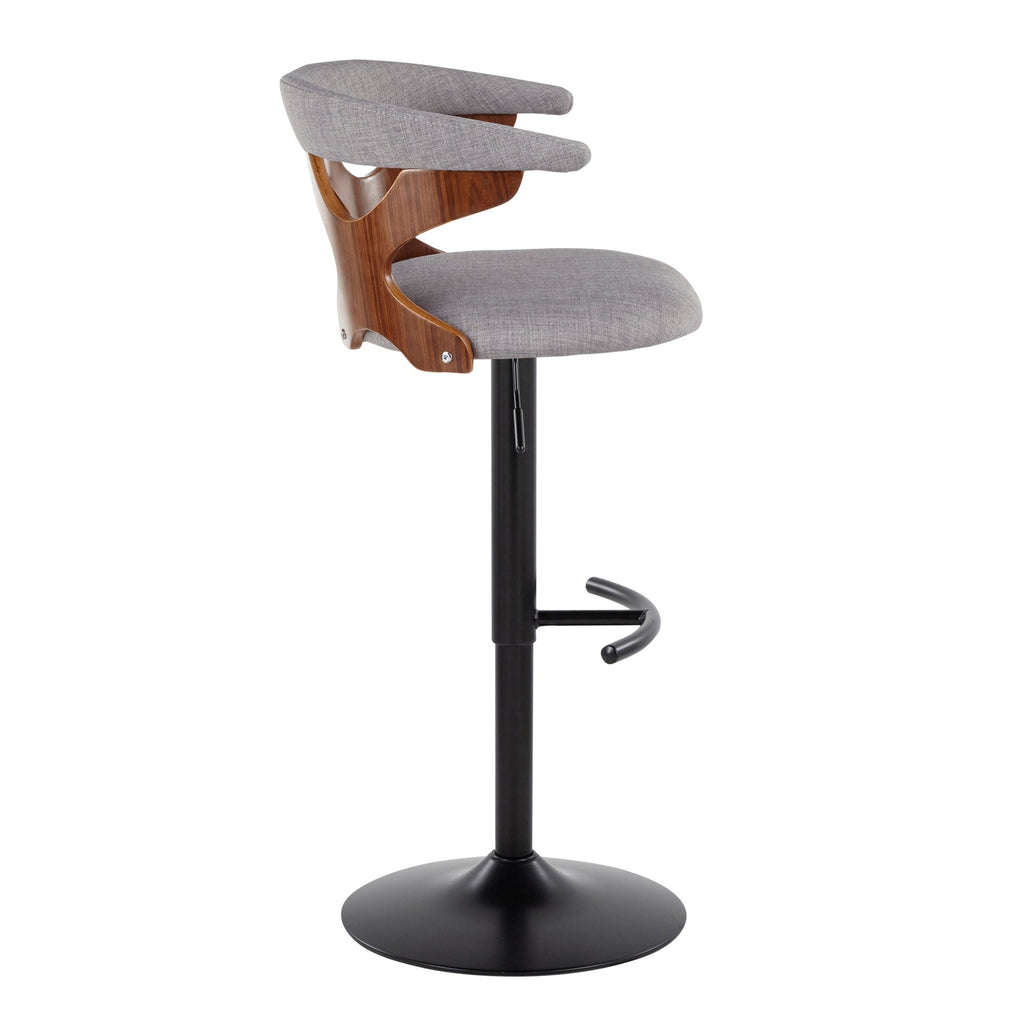 Gardenia Adjustable Barstool - Set of 2 - Black Metal, Walnut Wood, Light Grey Fabric