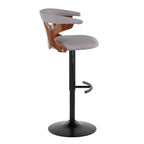 Gardenia Adjustable Barstool - Set of 2 - Black Metal, Walnut Wood, Light Grey Fabric