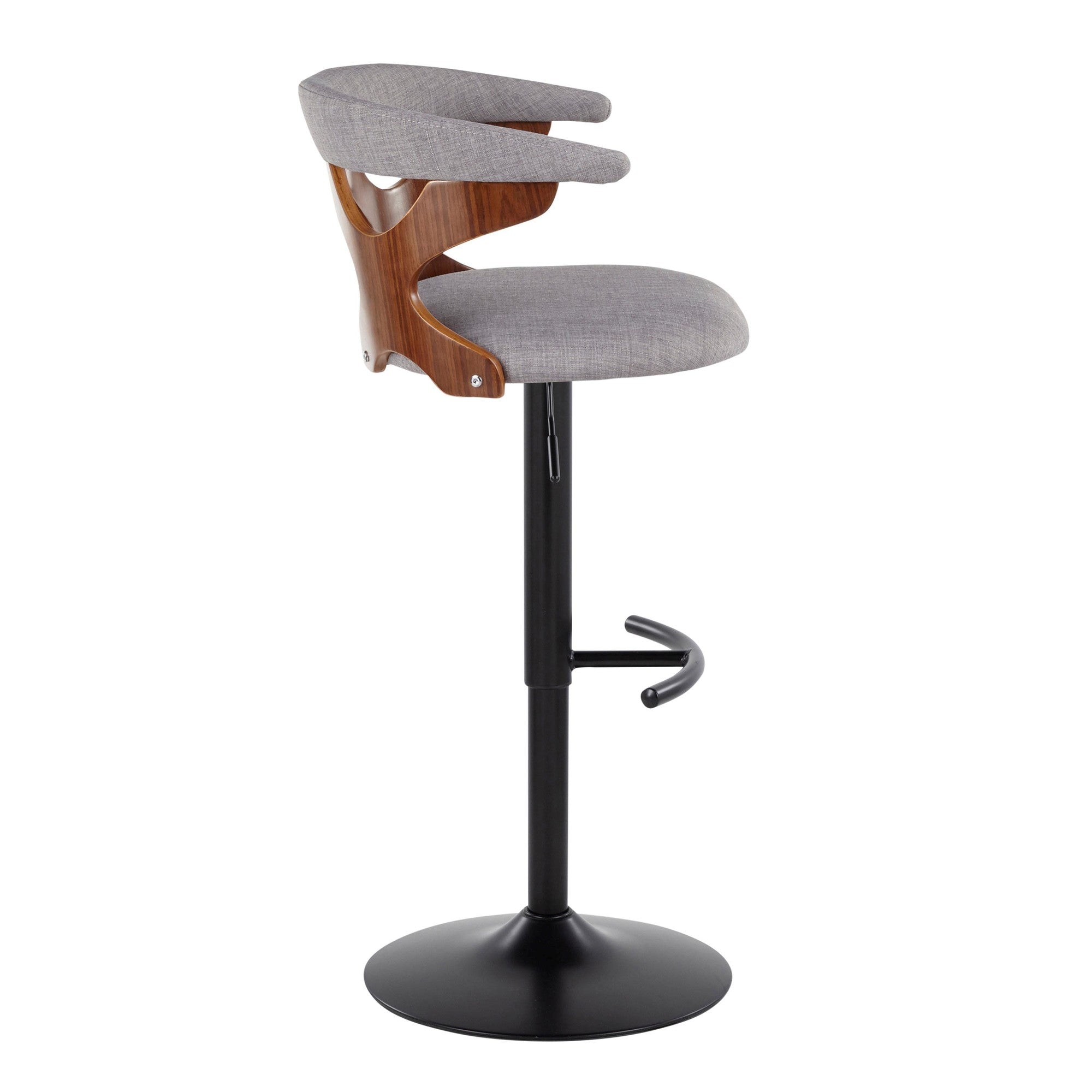 Gardenia Adjustable Barstool - Set of 2 - Black Metal, Walnut Wood, Light Grey Fabric