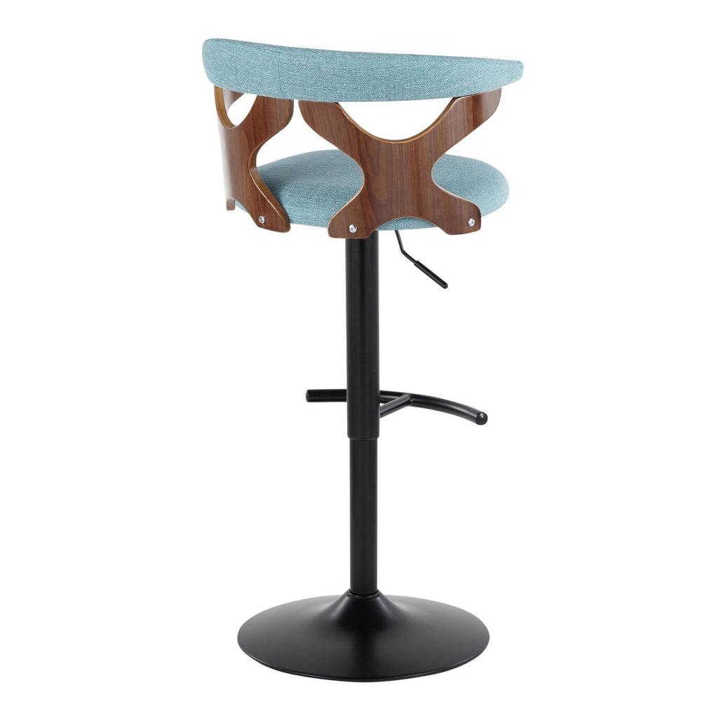 Gardenia Adjustable Barstool - Set of 2 - Black Metal, Walnut Wood, Teal Fabric