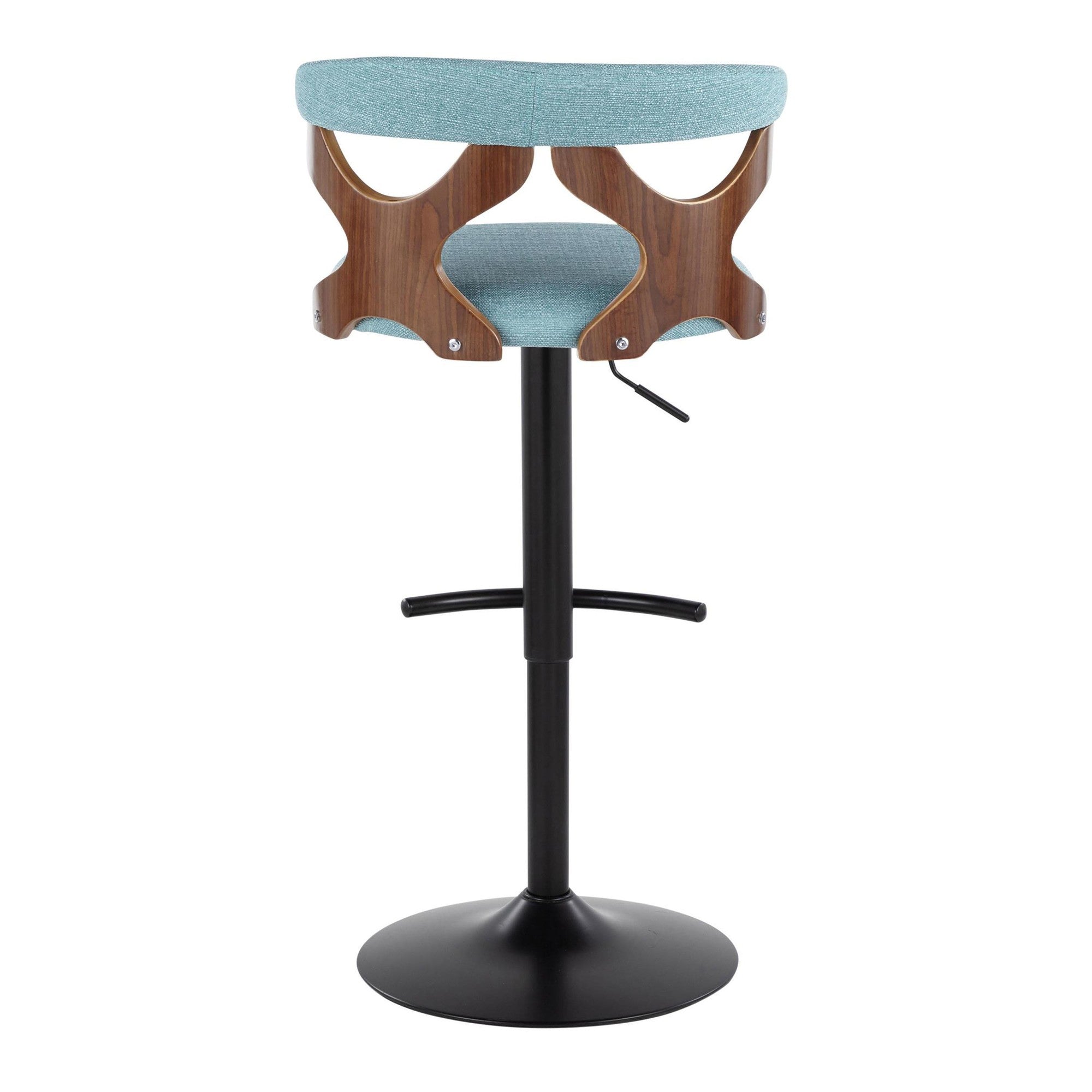 Gardenia Adjustable Barstool - Set of 2 - Black Metal, Walnut Wood, Teal Fabric