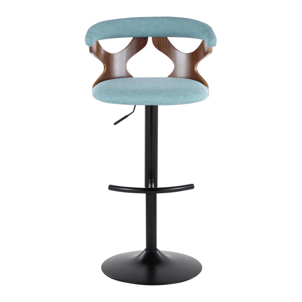 Gardenia Adjustable Barstool - Set of 2 - Black Metal, Walnut Wood, Teal Fabric