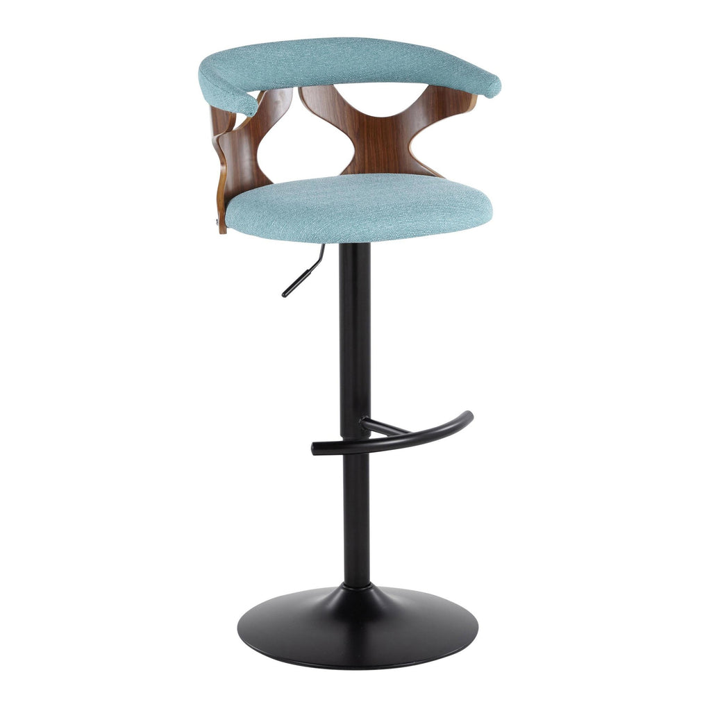 Gardenia Adjustable Barstool - Set of 2 - Black Metal, Walnut Wood, Teal Fabric