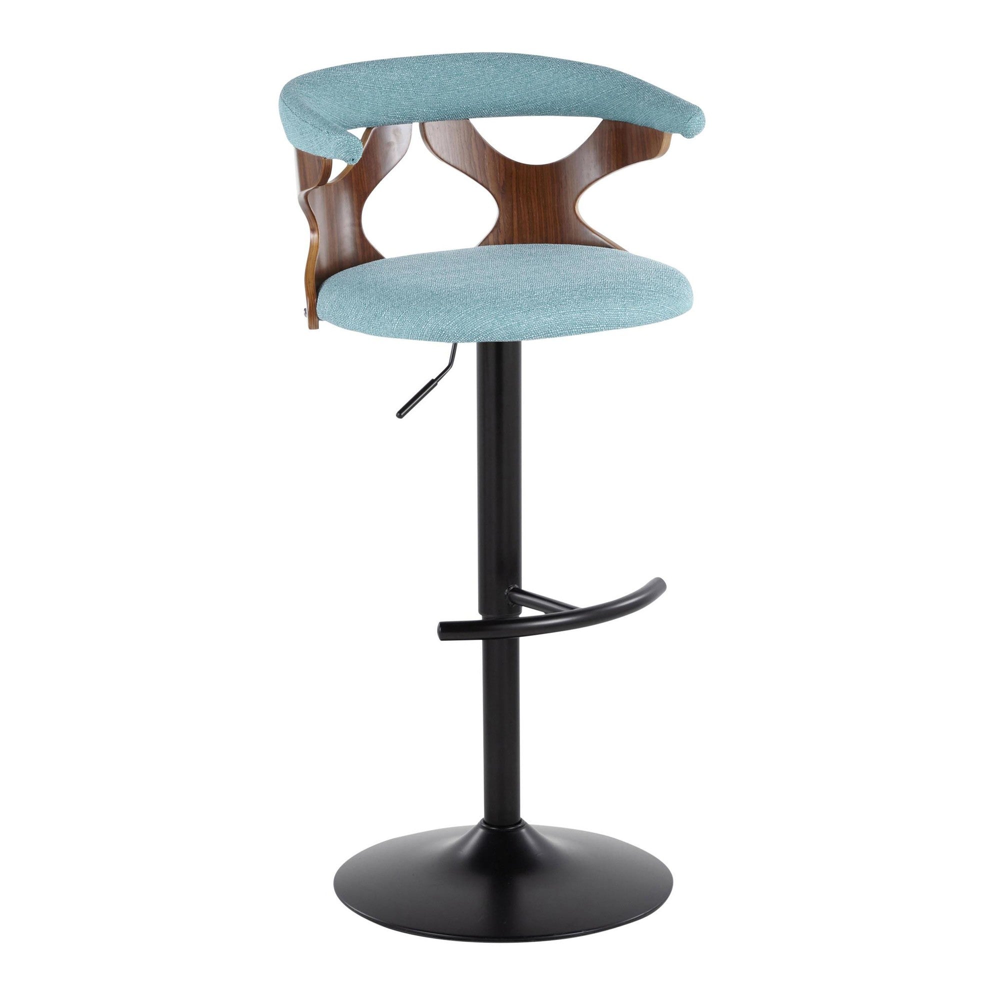 Gardenia Adjustable Barstool - Set of 2 - Black Metal, Walnut Wood, Teal Fabric