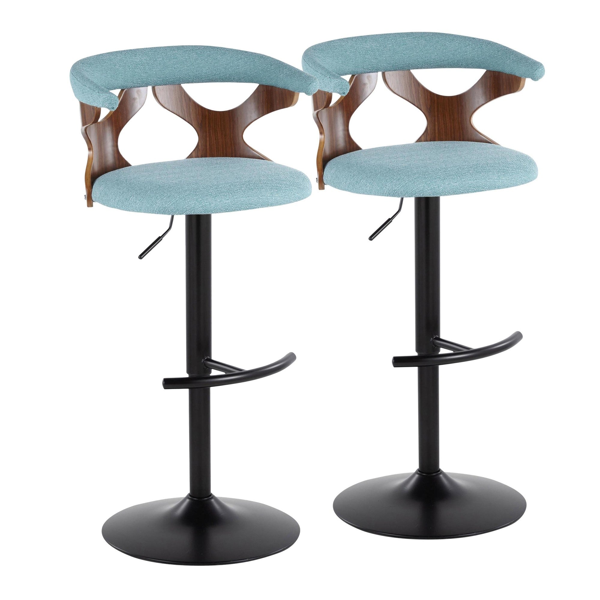 Gardenia Adjustable Barstool - Set of 2 - Black Metal, Walnut Wood, Teal Fabric