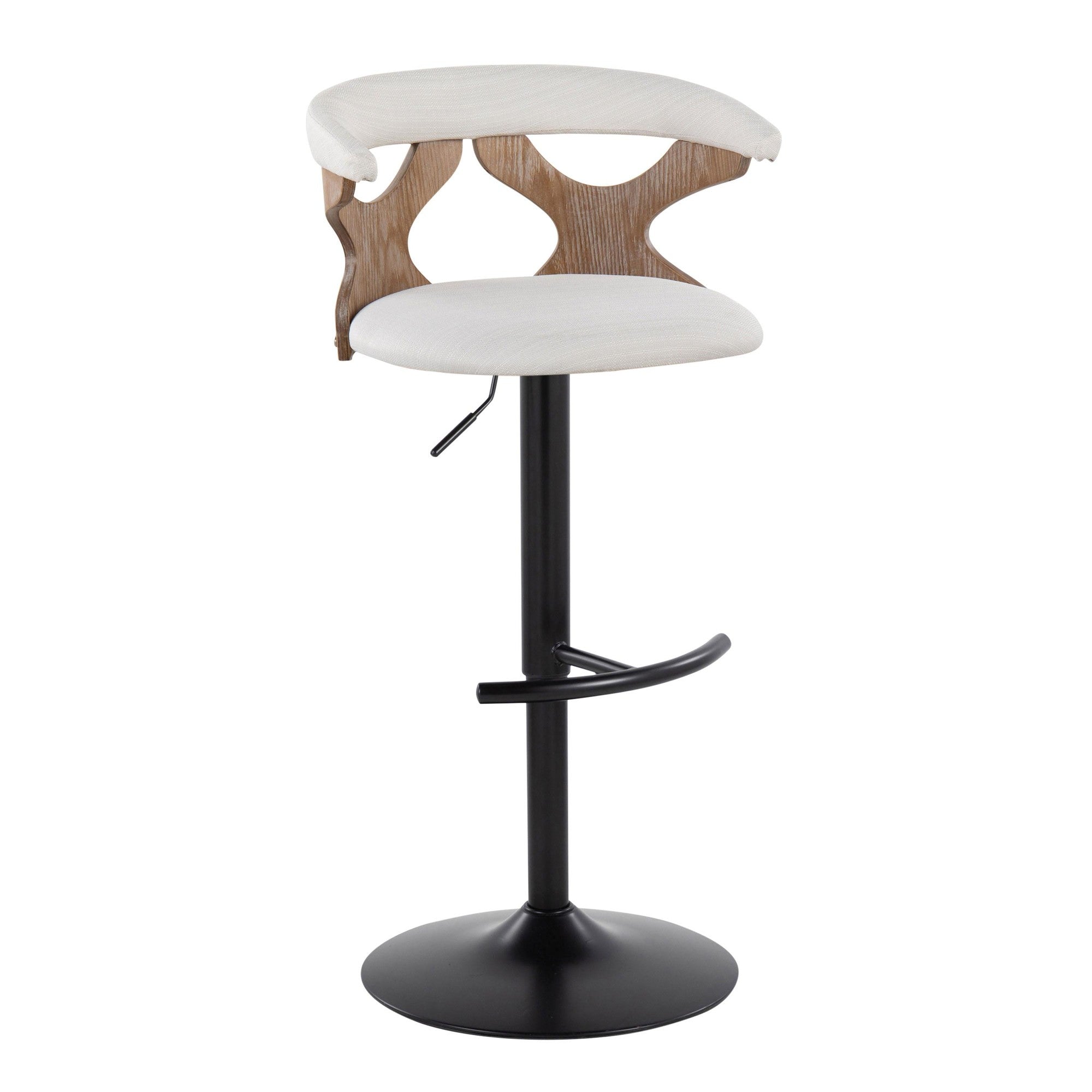 Gardenia Adjustable Barstool - Set of 2 - Whitewashed Wood, Black Metal, Cream Fabric