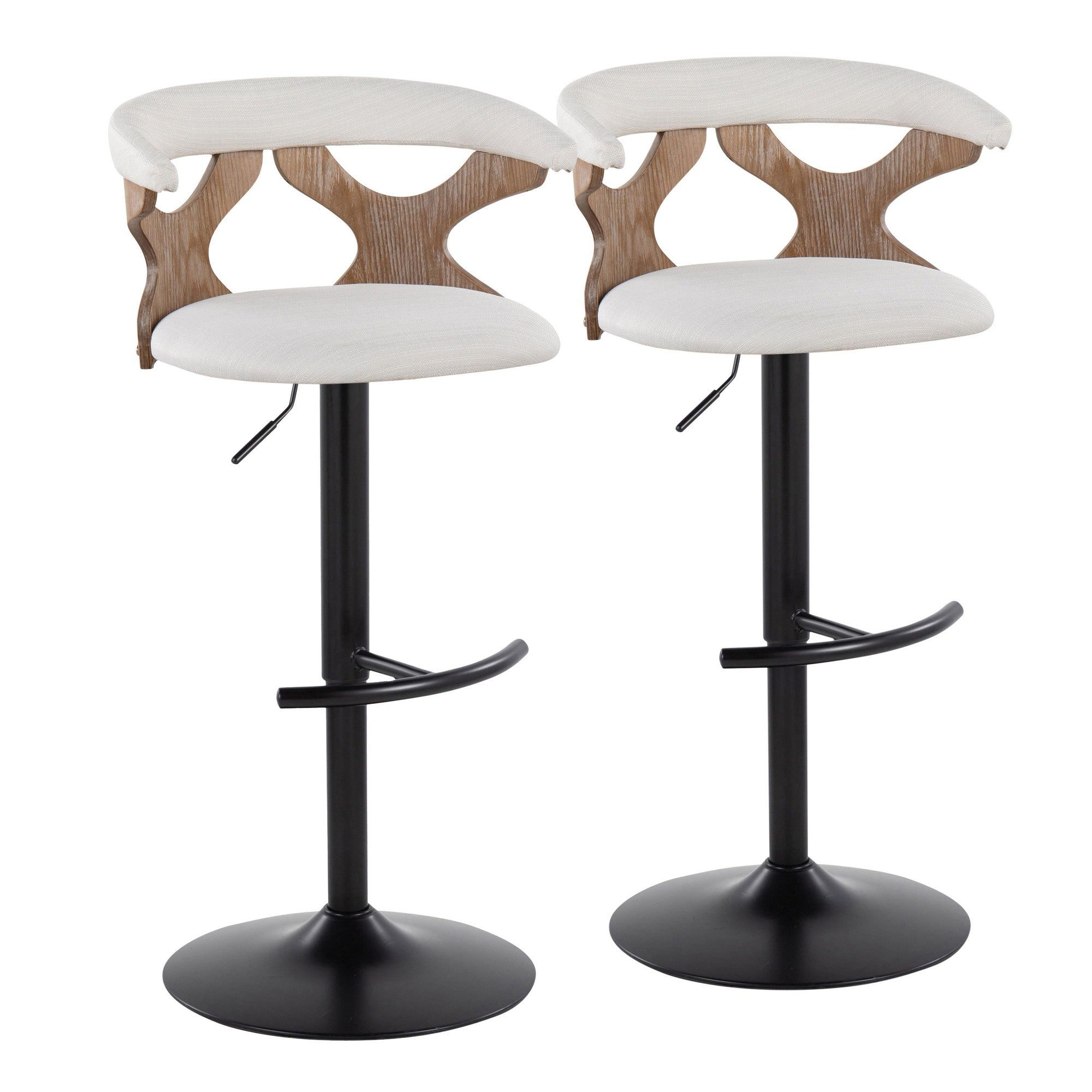 Gardenia Adjustable Barstool - Set of 2 - Whitewashed Wood, Black Metal, Cream Fabric