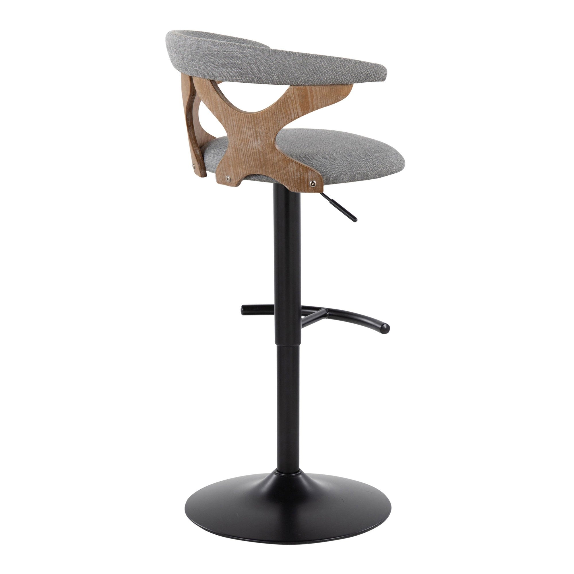 Gardenia Adjustable Barstool - Set of 2 - Whitewashed Wood, Black Metal, Light Grey Fabric
