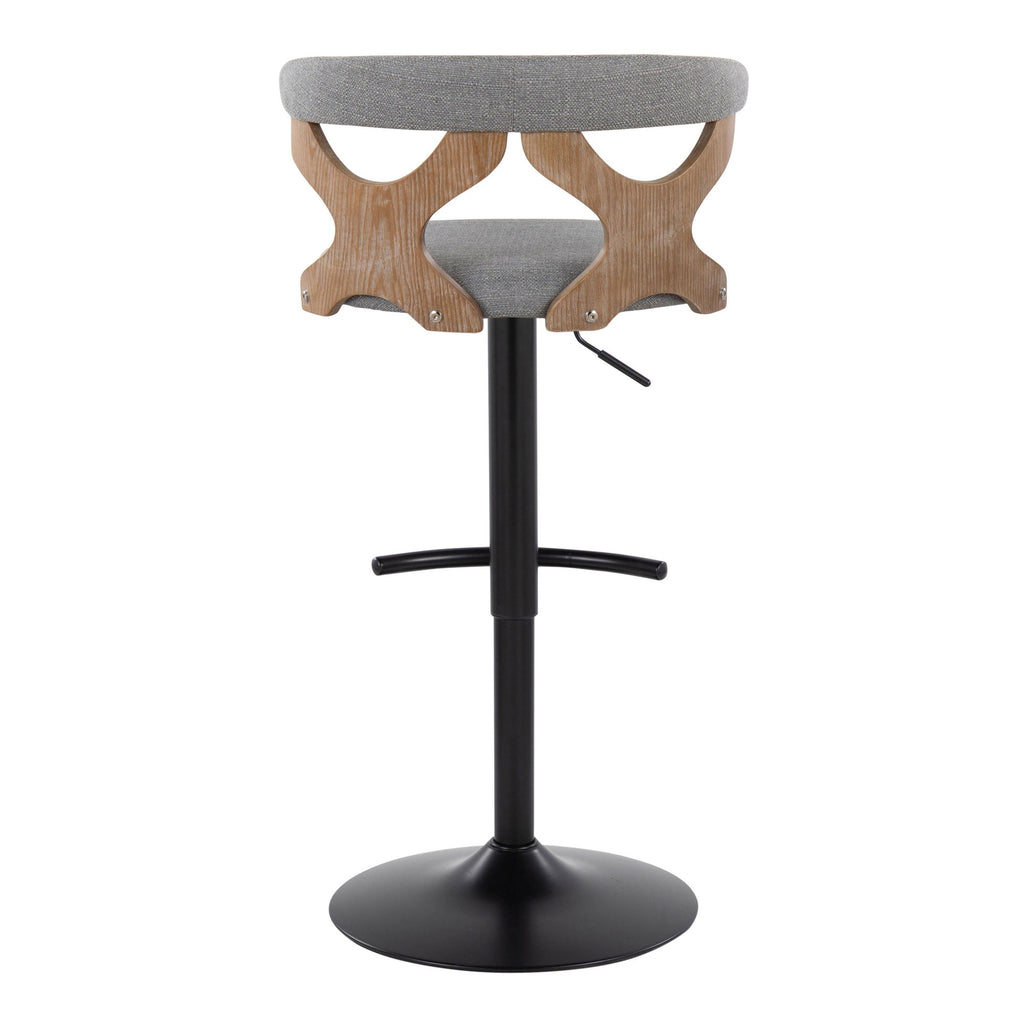Gardenia Adjustable Barstool - Set of 2 - Whitewashed Wood, Black Metal, Light Grey Fabric