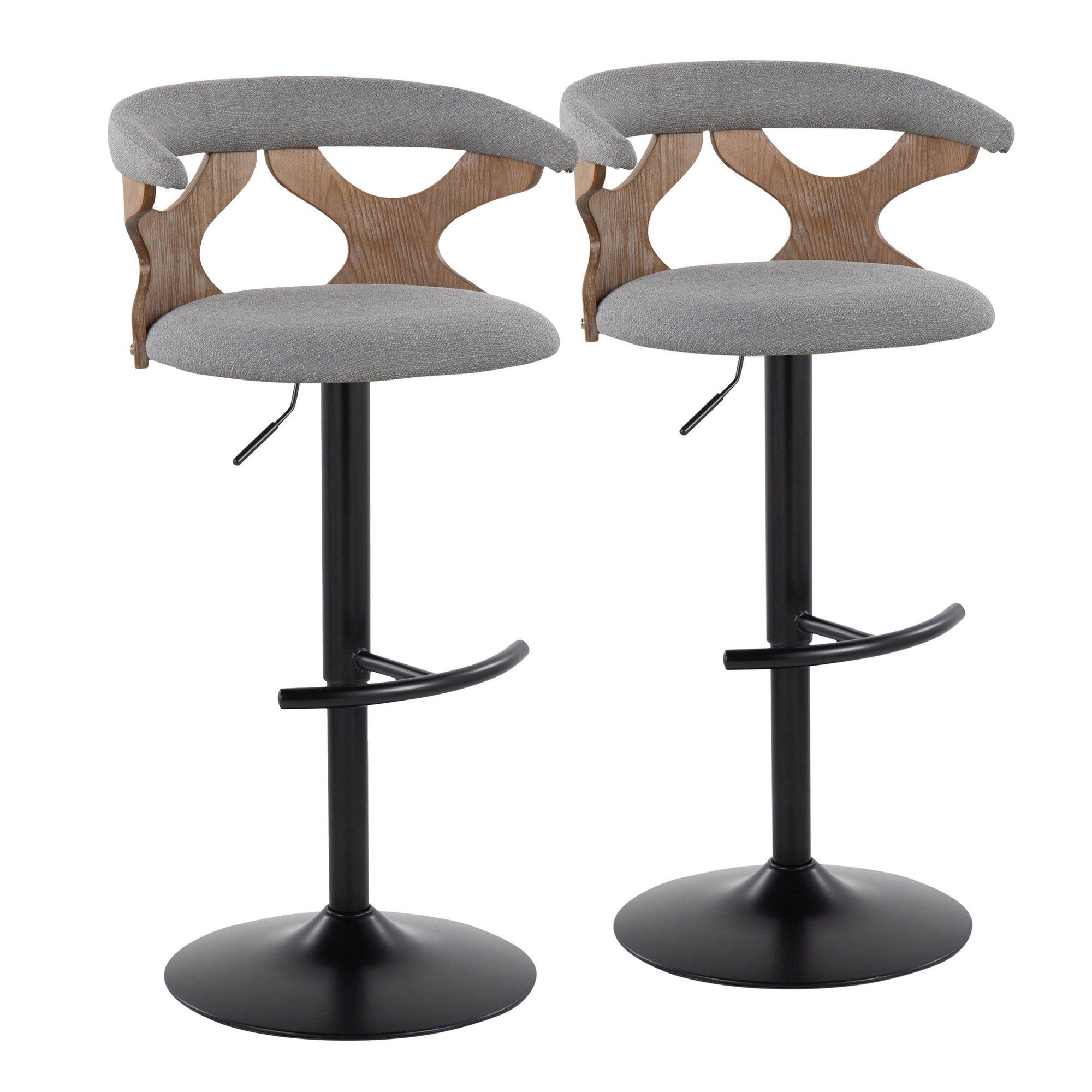 Gardenia Adjustable Barstool - Set of 2 - Whitewashed Wood, Black Metal, Light Grey Fabric