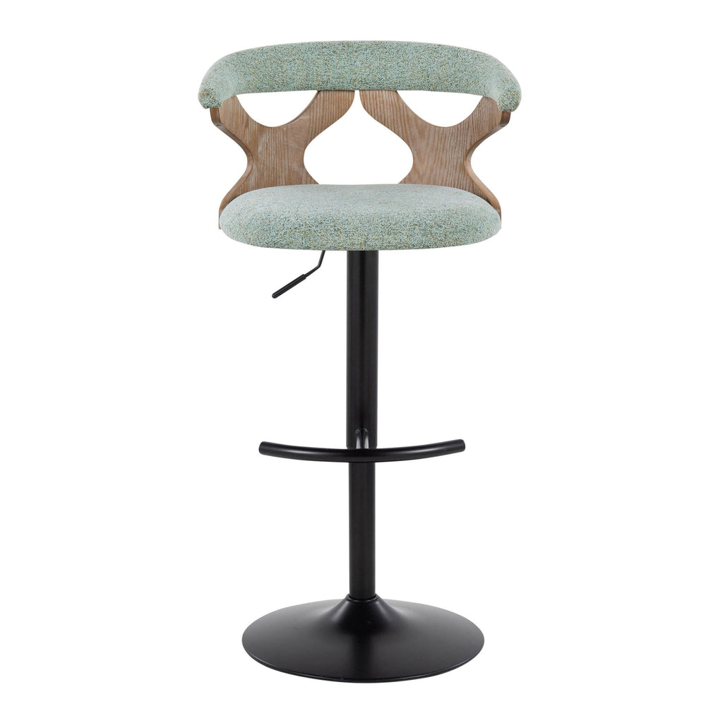 Gardenia Adjustable Barstool - Set of 2 - Whitewashed Wood, Black Metal, Seafoam Green Fabric