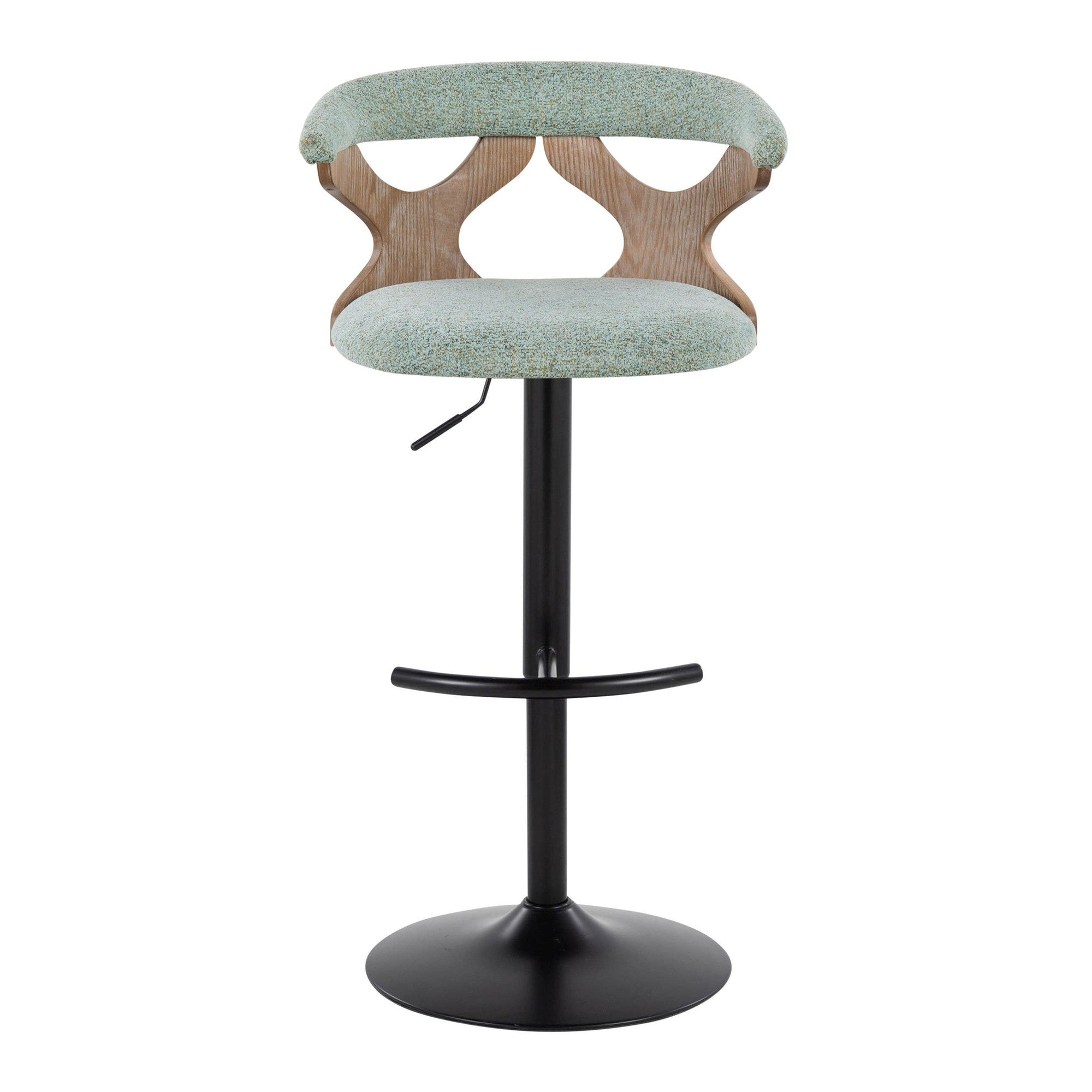 Gardenia Adjustable Barstool - Set of 2 - Whitewashed Wood, Black Metal, Seafoam Green Fabric