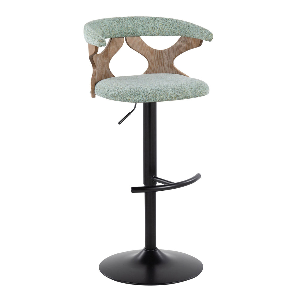 Gardenia Adjustable Barstool - Set of 2 - Whitewashed Wood, Black Metal, Seafoam Green Fabric