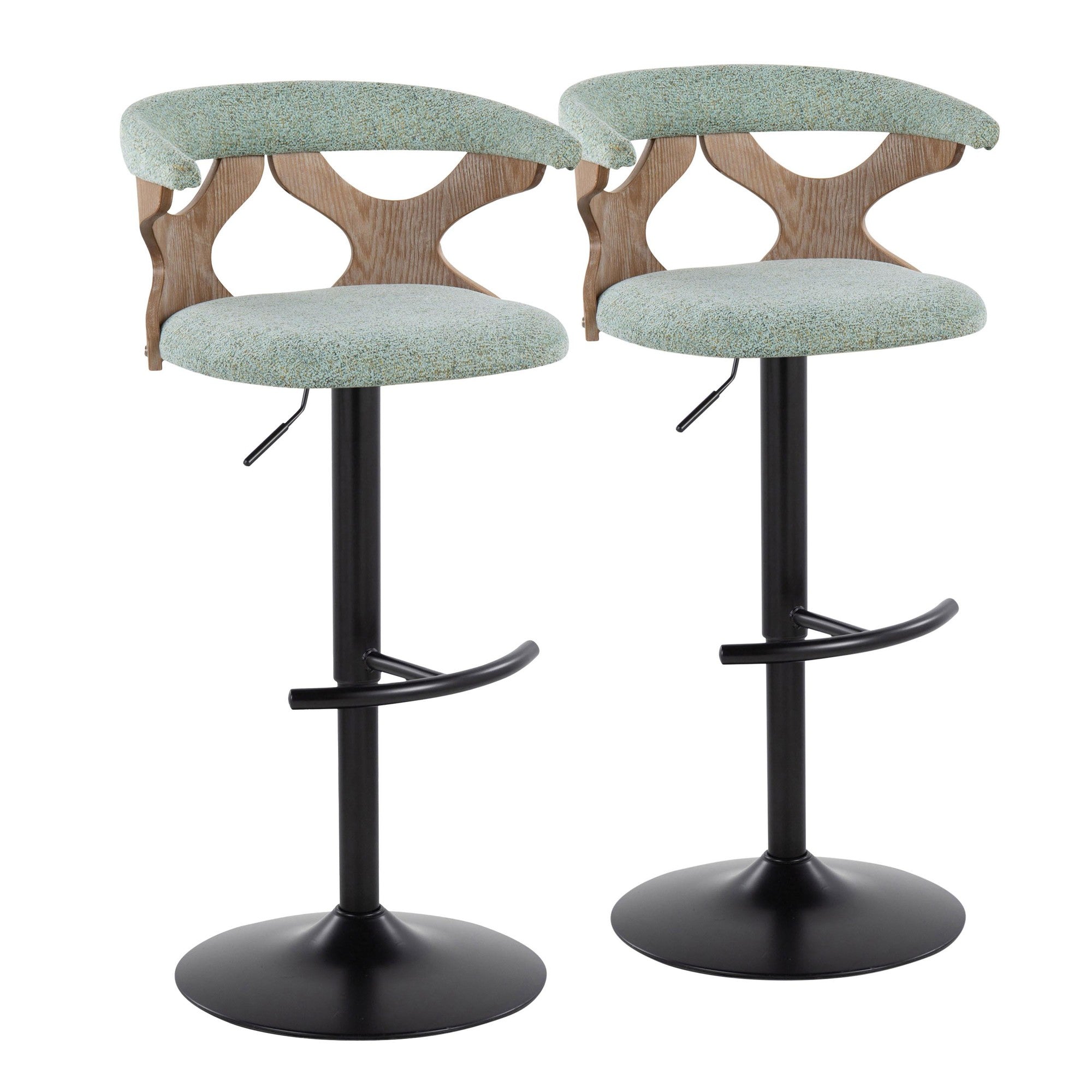 Gardenia Adjustable Barstool - Set of 2 - Whitewashed Wood, Black Metal, Seafoam Green Fabric