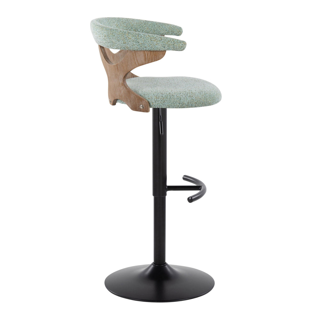 Gardenia Adjustable Barstool - Set of 2 - Whitewashed Wood, Black Metal, Seafoam Green Fabric