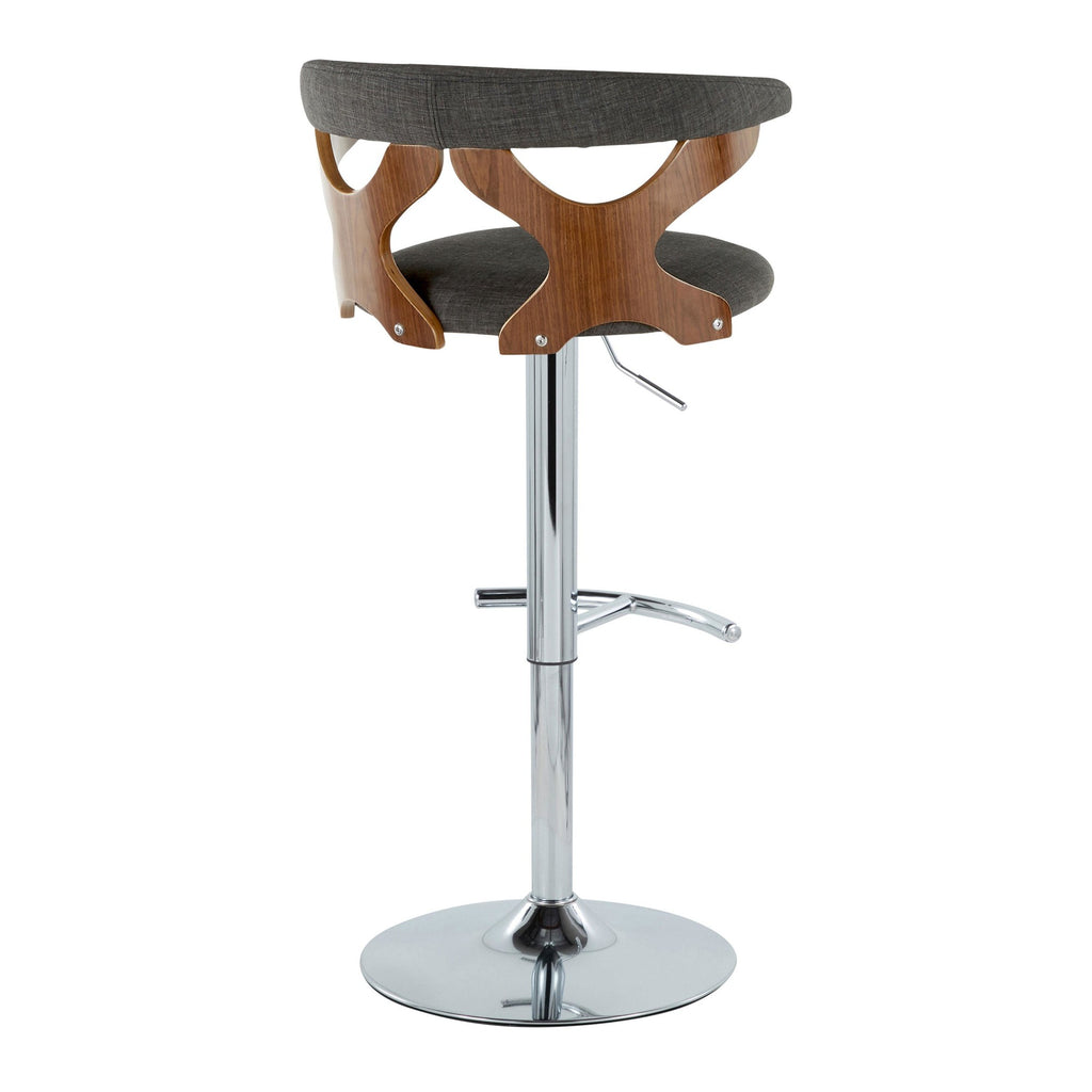Gardenia Adjustable Barstool - Set of 2 - Chrome Metal, Walnut Wood, Charcoal Fabric